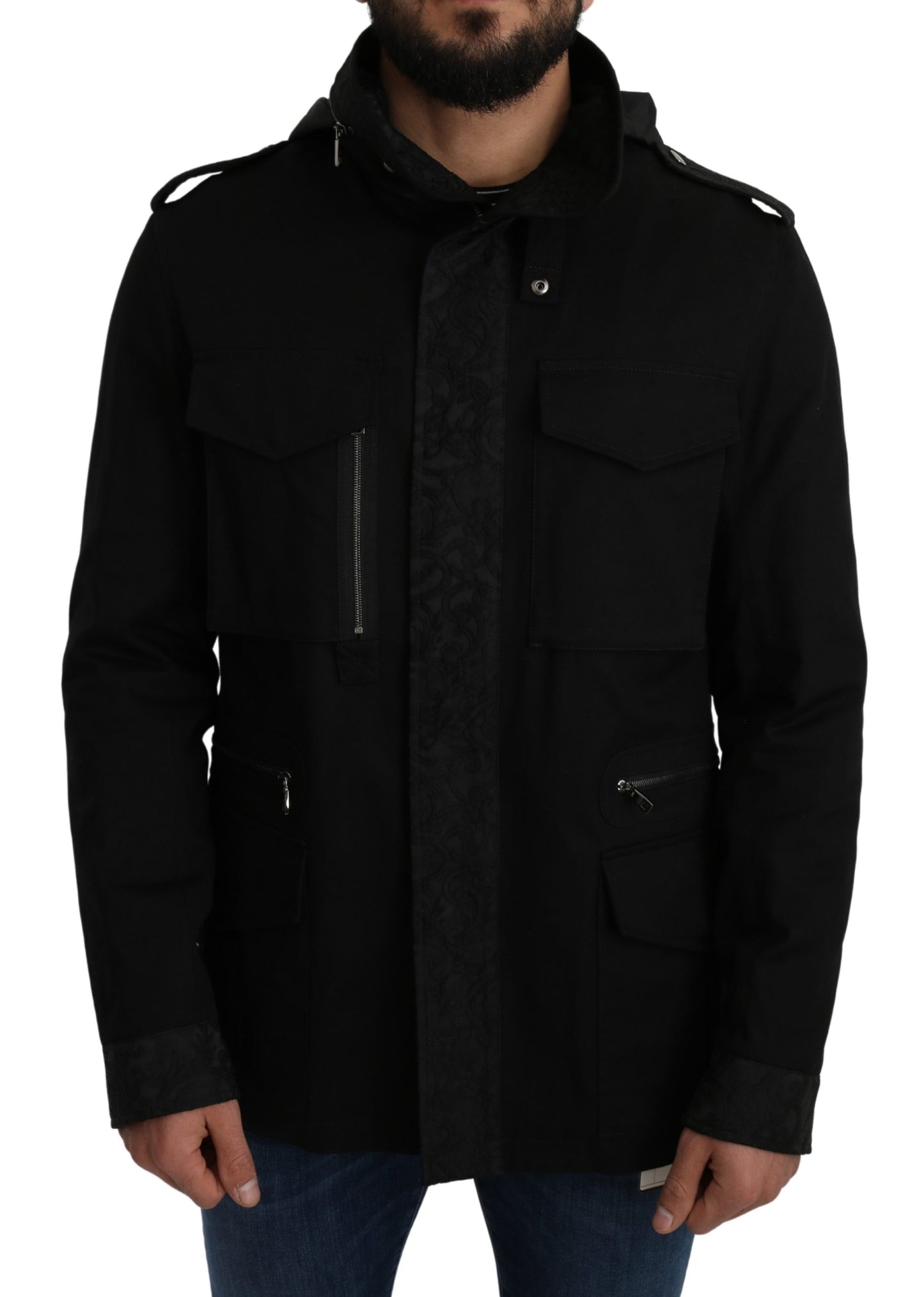 Schwarzer solider Jacquard-Mantel Jacke mit Kapuze