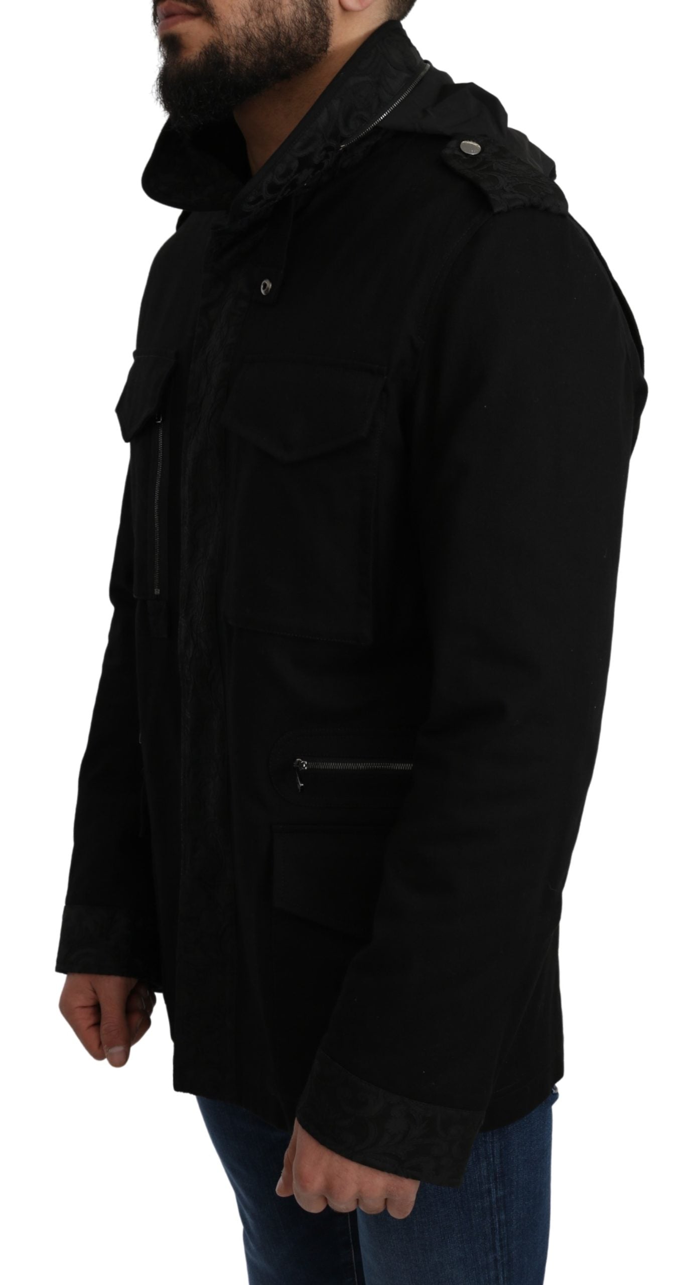 Schwarzer solider Jacquard-Mantel Jacke mit Kapuze