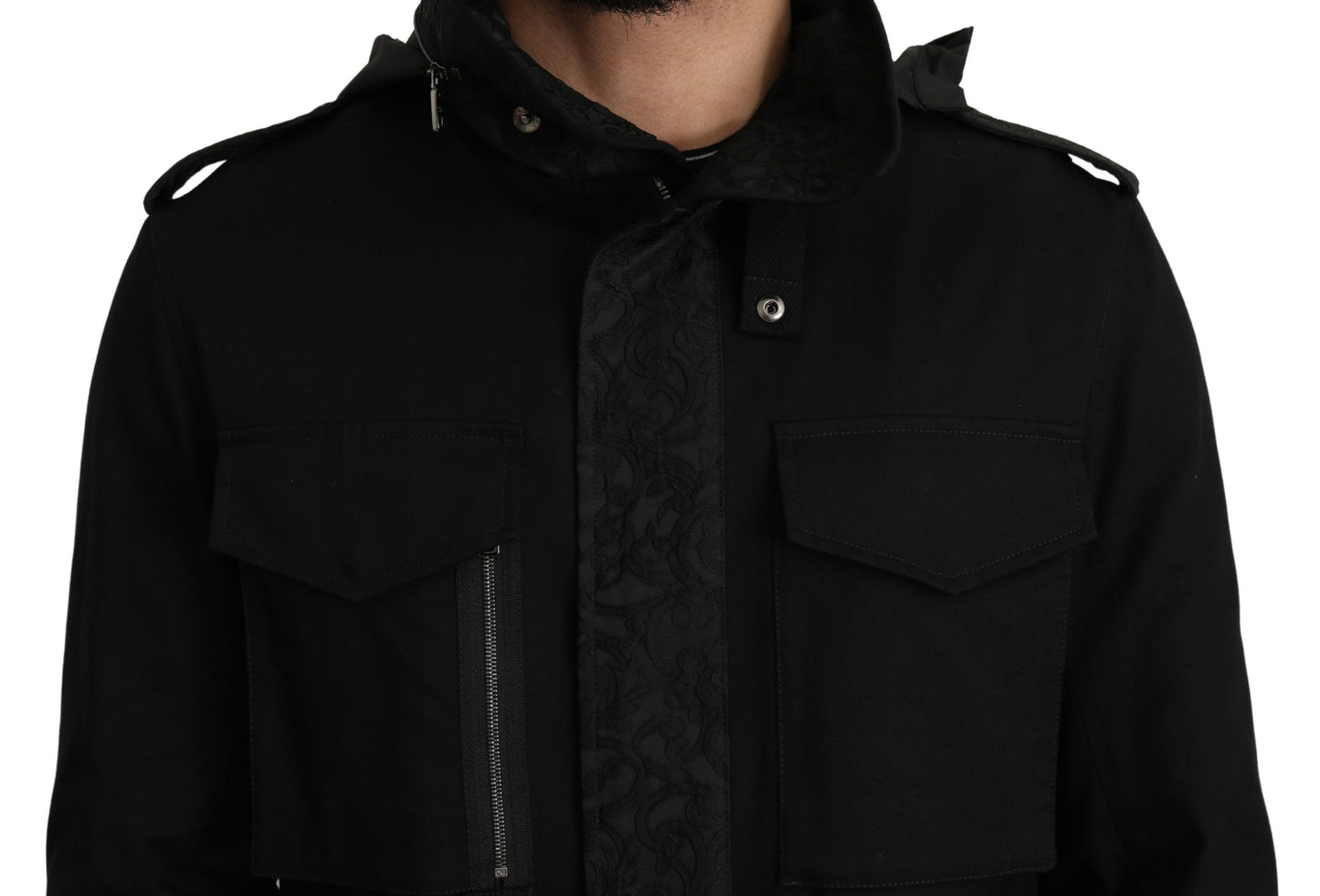 Schwarzer solider Jacquard-Mantel Jacke mit Kapuze