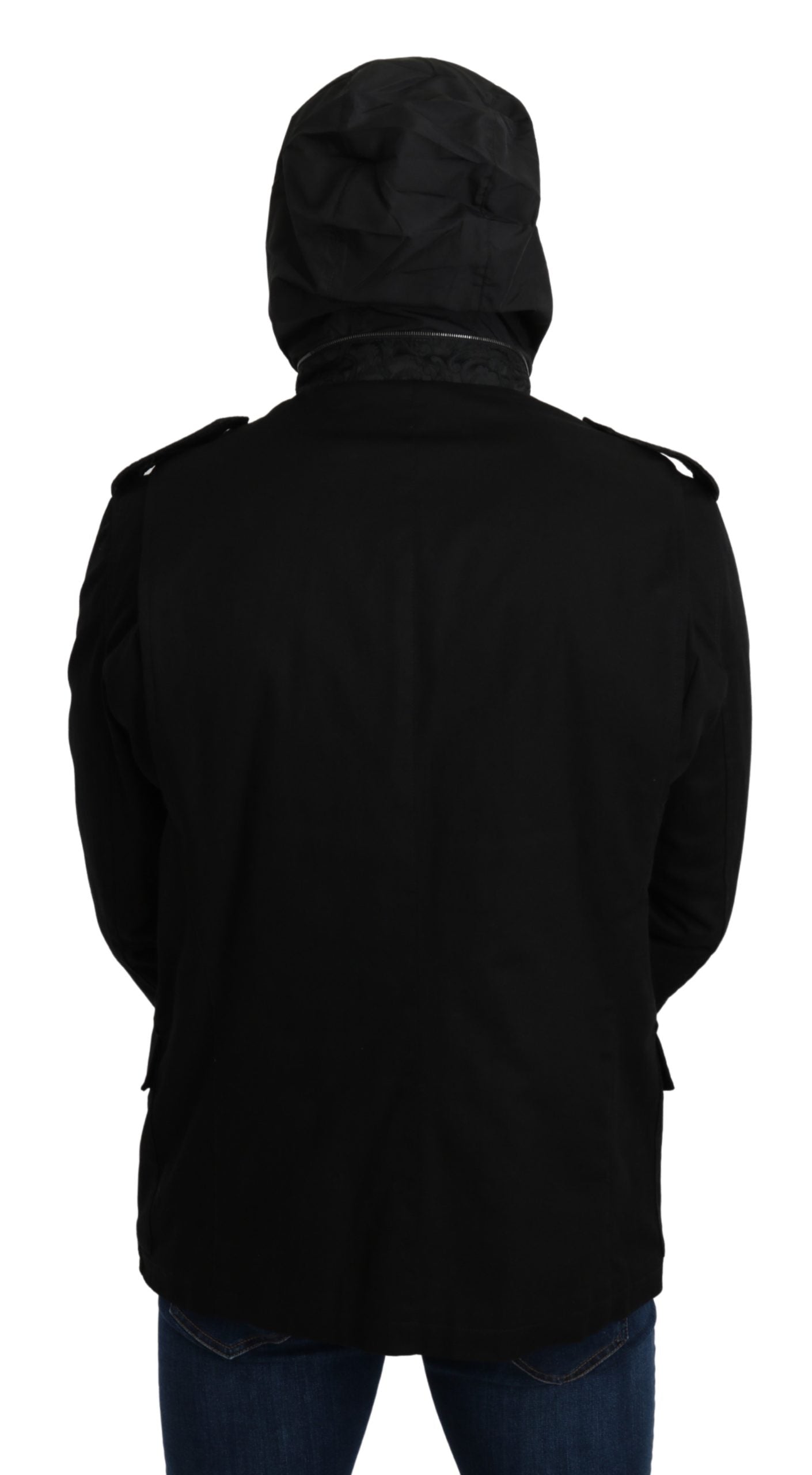 Schwarzer solider Jacquard-Mantel Jacke mit Kapuze