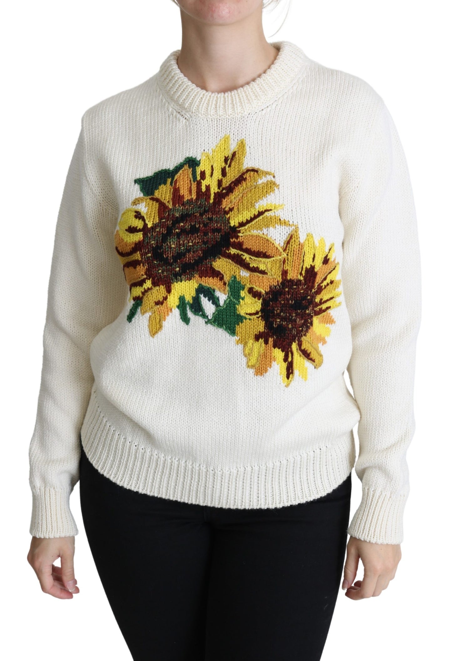 Weißer Pullover aus geblümter Wolle Sonnenblumenpullover