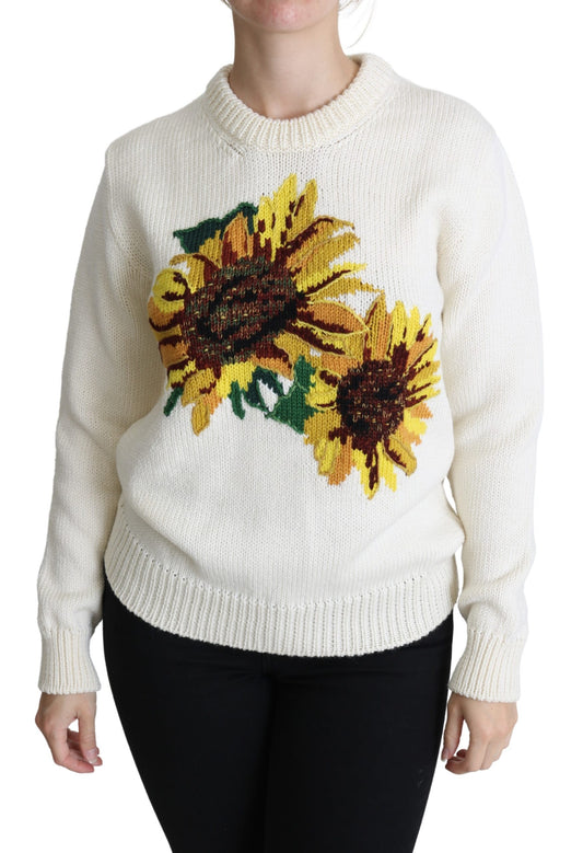 Weißer Pullover aus geblümter Wolle Sonnenblumenpullover