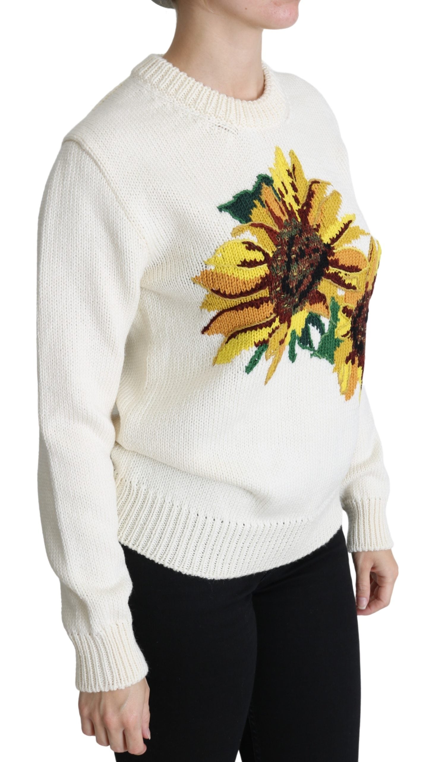 Weißer Pullover aus geblümter Wolle Sonnenblumenpullover