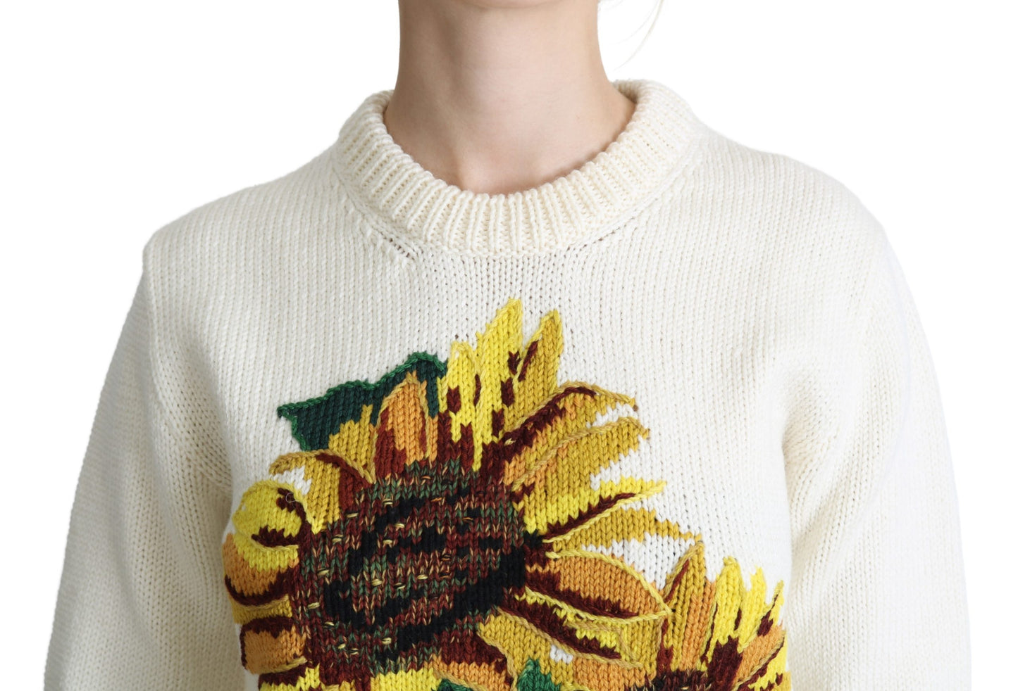 Weißer Pullover aus geblümter Wolle Sonnenblumenpullover