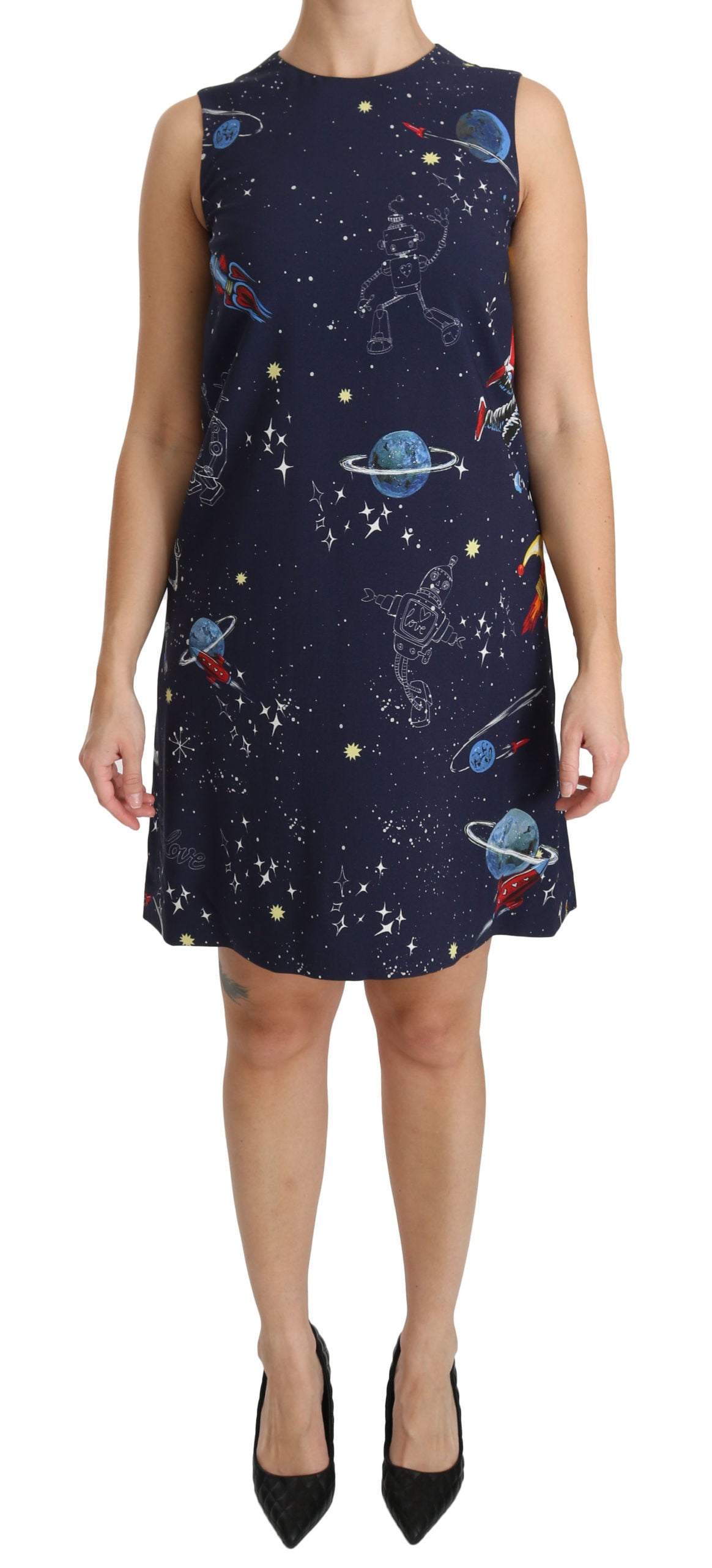 Blaues Viskose-Shiftkleid mit Planetendruck