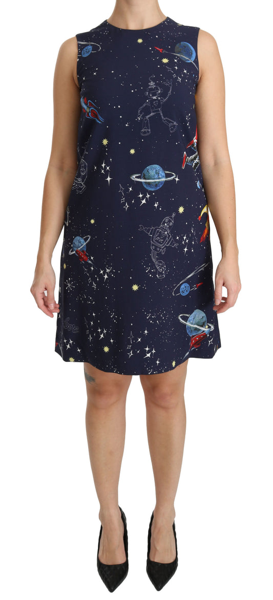 Blaues Viskose-Shiftkleid mit Planetendruck