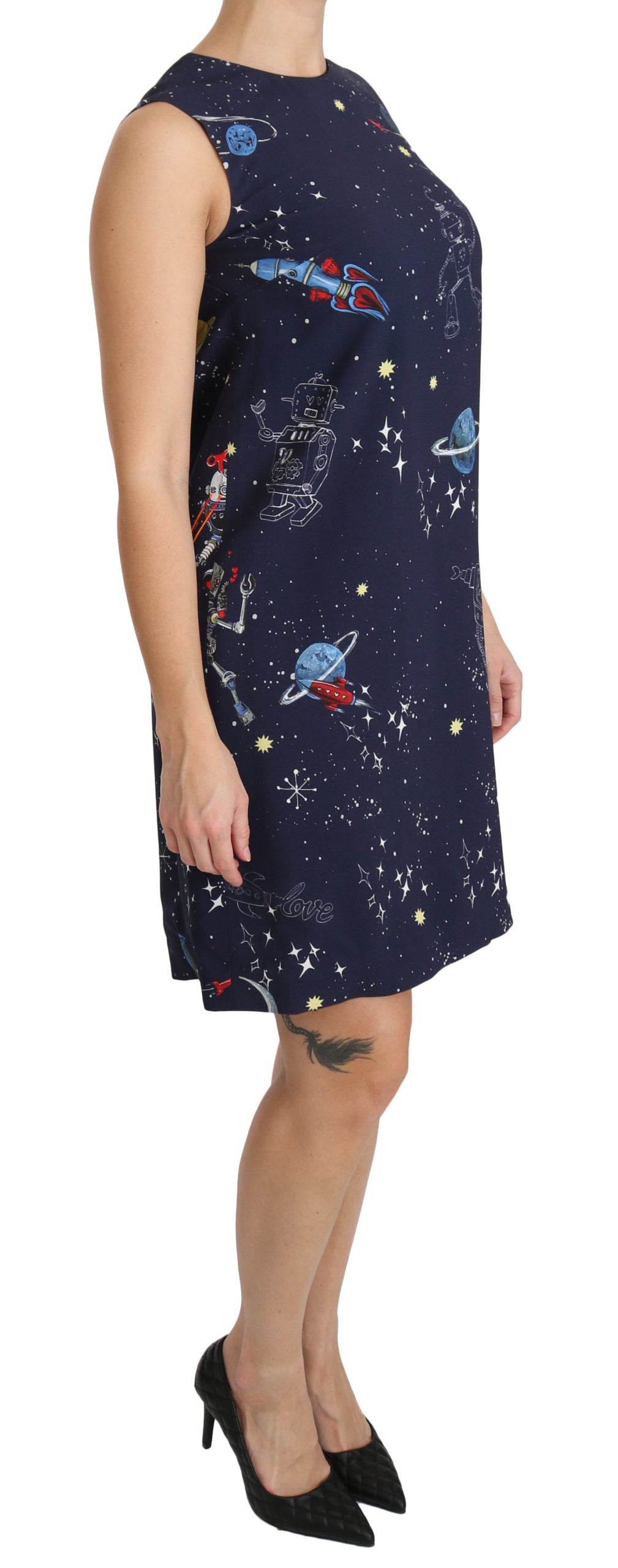 Blaues Viskose-Shiftkleid mit Planetendruck