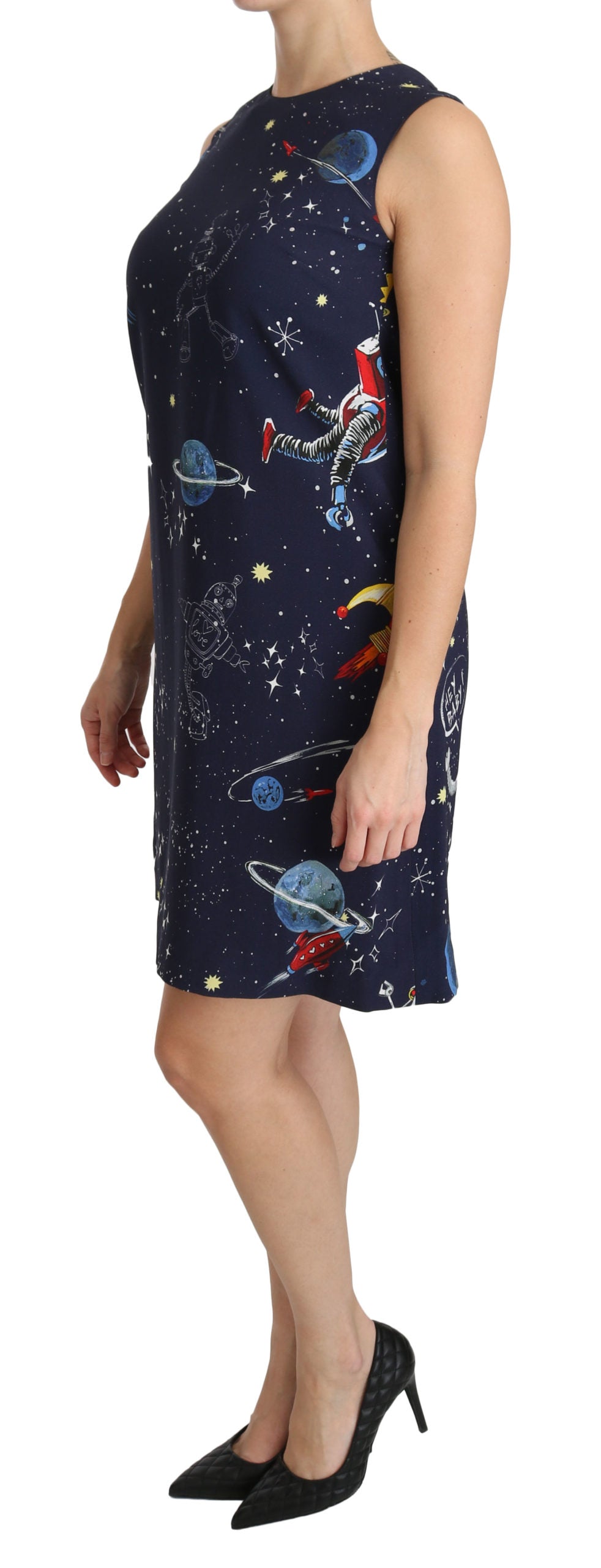 Blaues Viskose-Shiftkleid mit Planetendruck