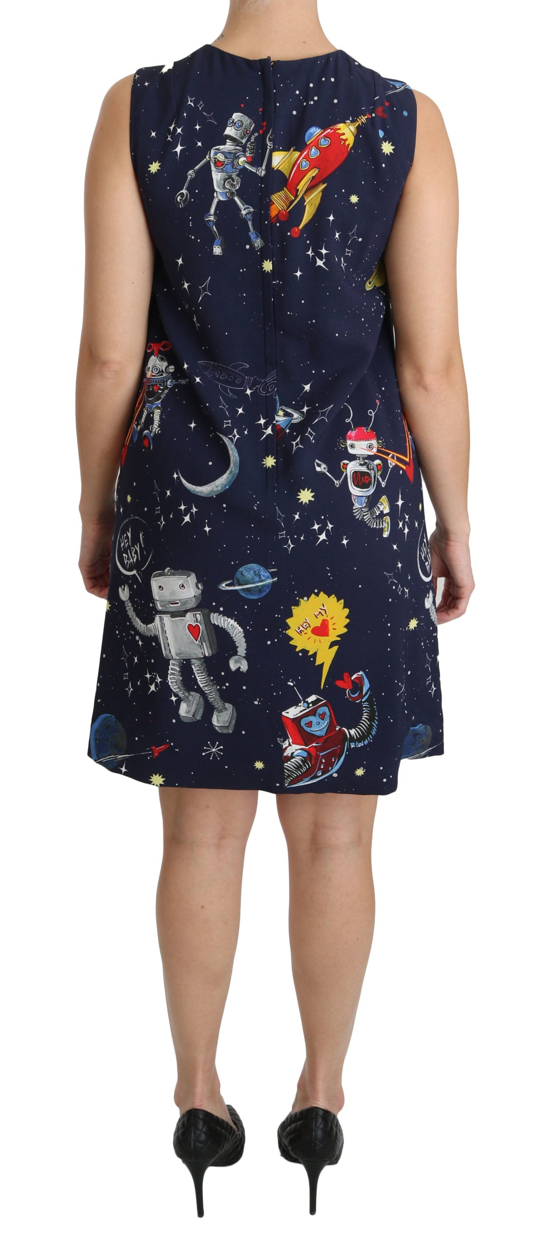 Blaues Viskose-Shiftkleid mit Planetendruck