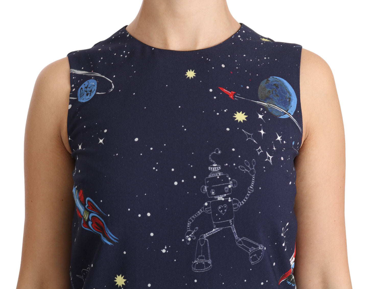 Blaues Viskose-Shiftkleid mit Planetendruck