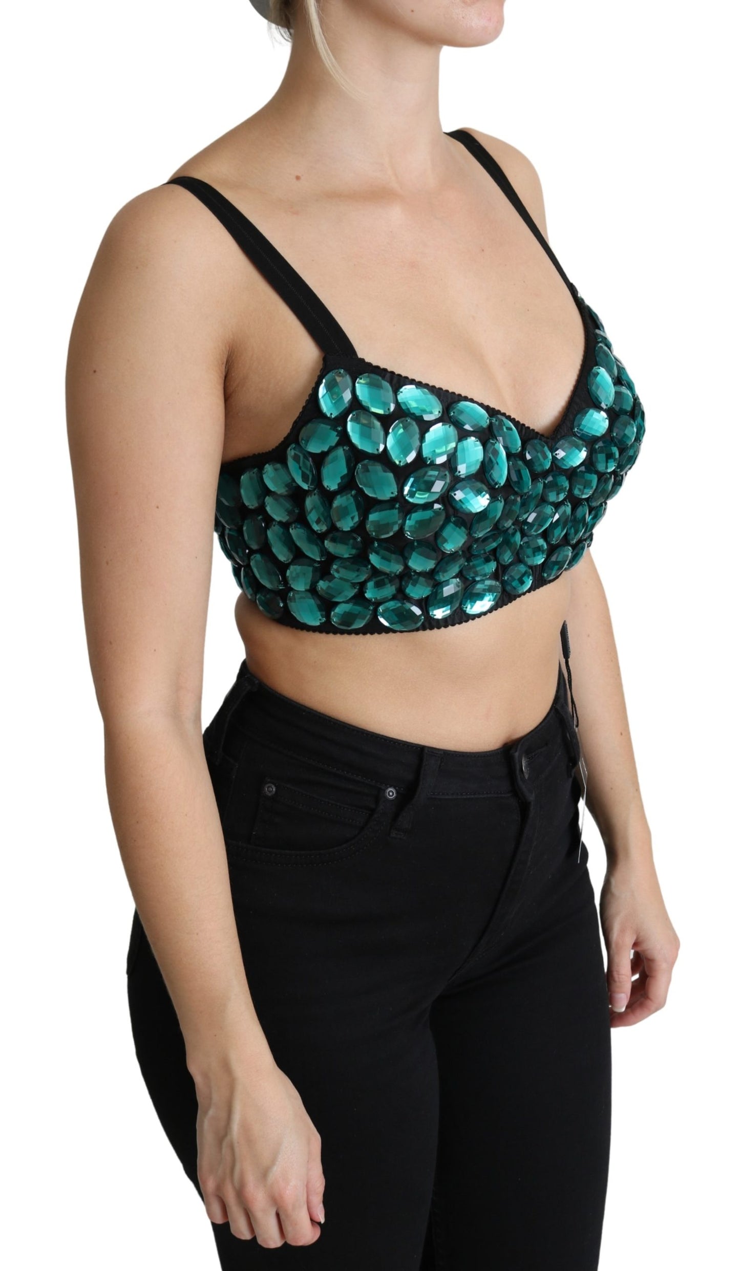 Blaues Cropped Top Bustier mit Kristallverzierung