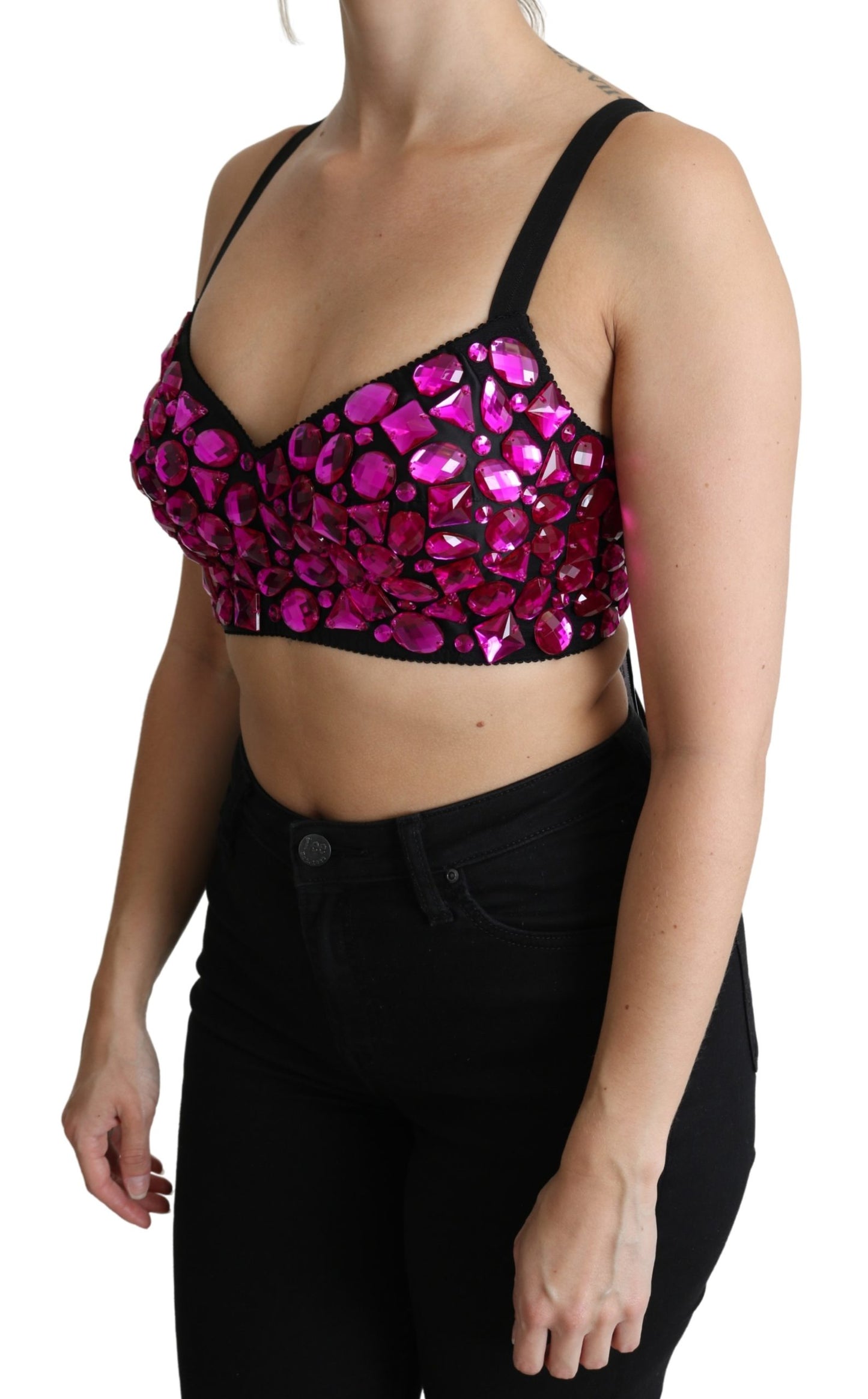 Schwarzes Bustier Fuchsia kristallbesetztes Cropped Top