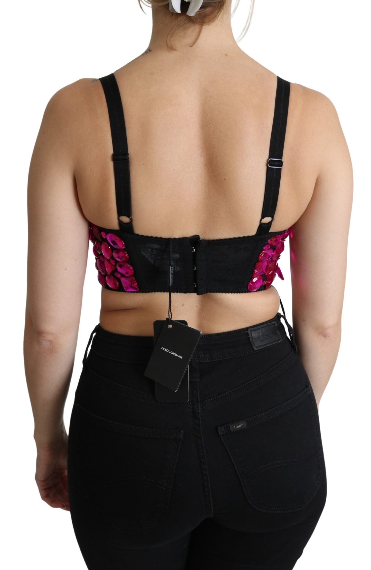 Schwarzes Bustier Fuchsia kristallbesetztes Cropped Top