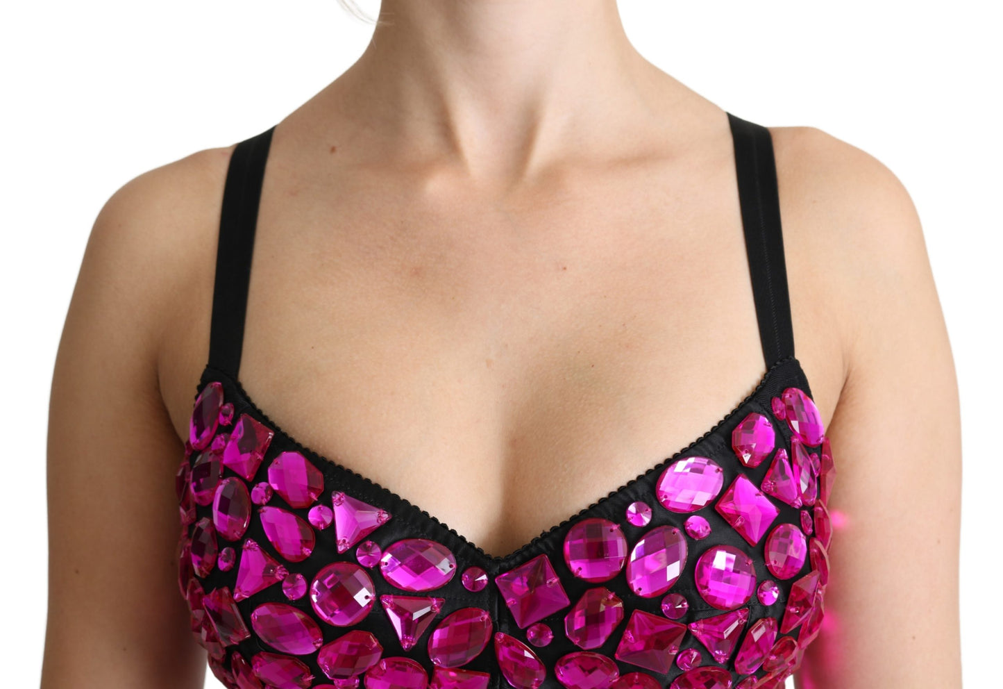 Schwarzes Bustier Fuchsia kristallbesetztes Cropped Top