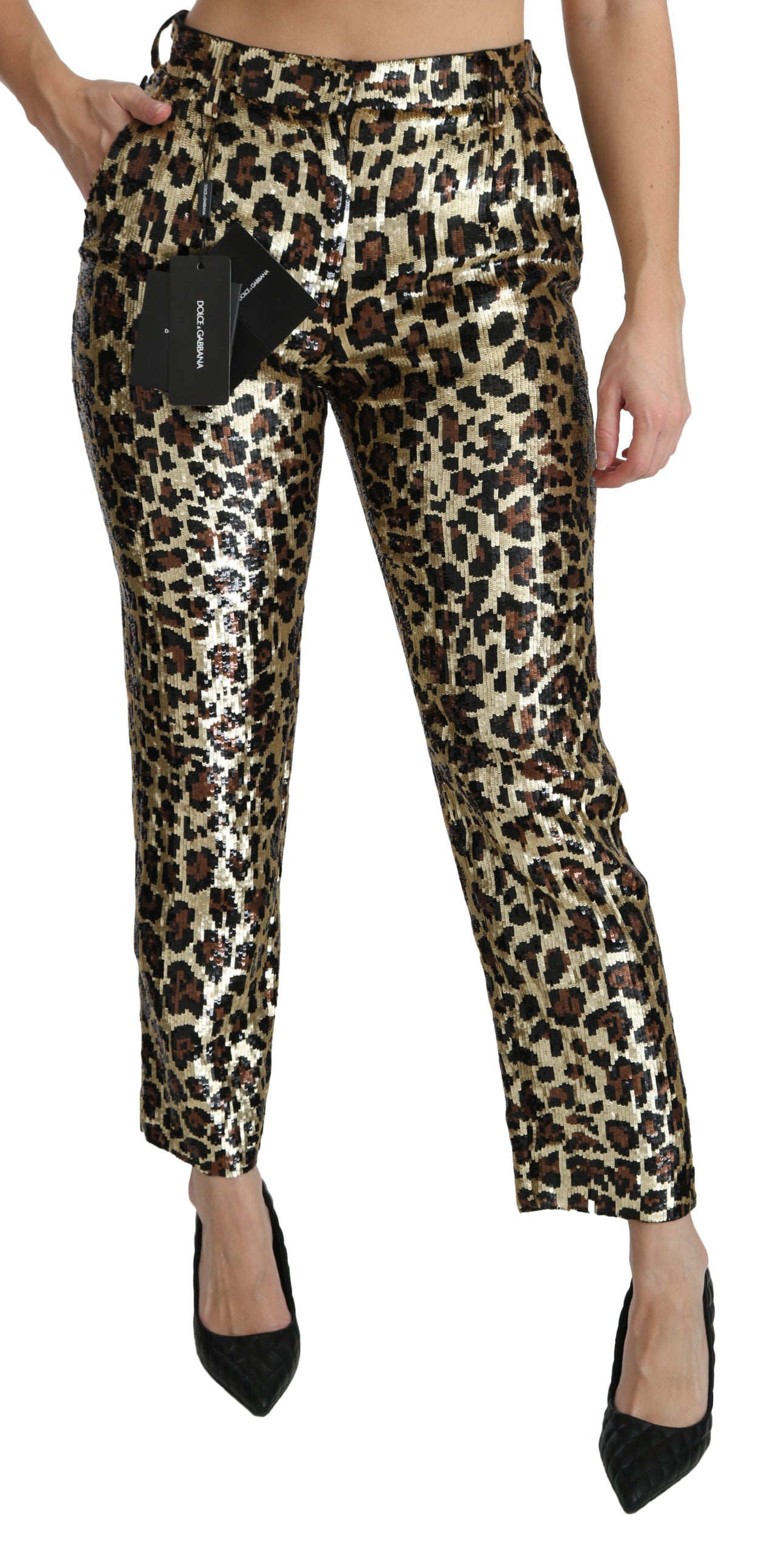 Braune Leoparden-Paillettenhose mit hoher Taille