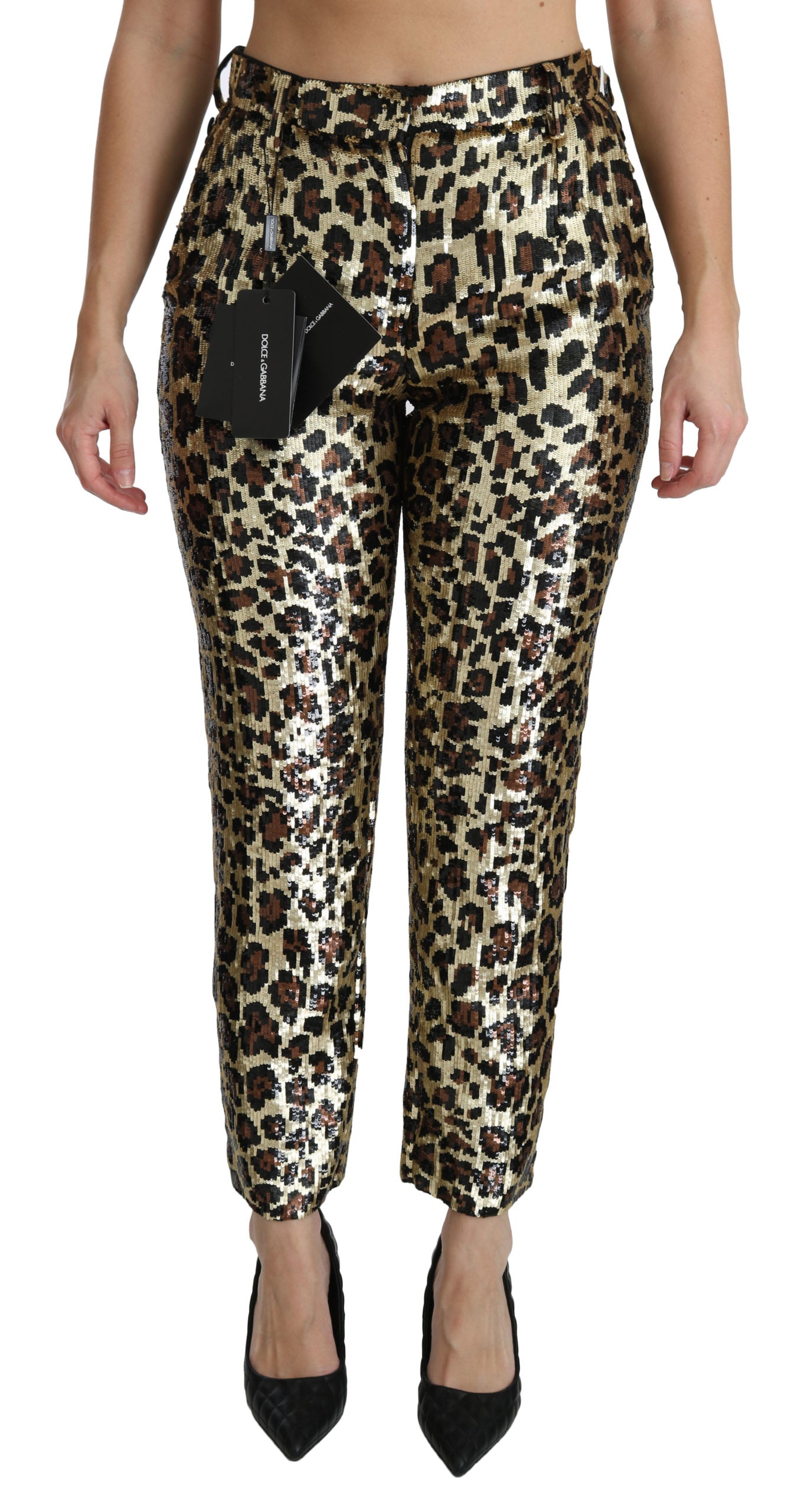 Braune Leoparden-Paillettenhose mit hoher Taille