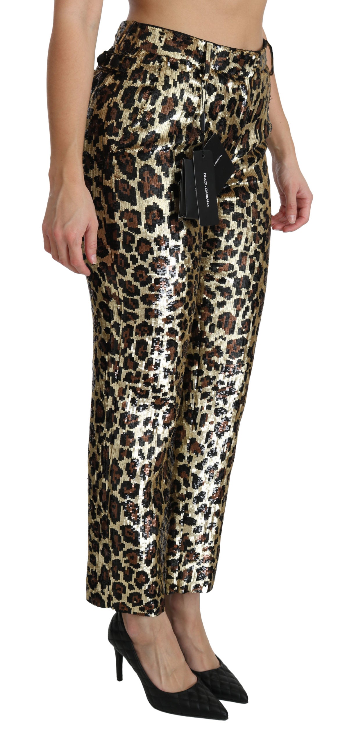 Braune Leoparden-Paillettenhose mit hoher Taille
