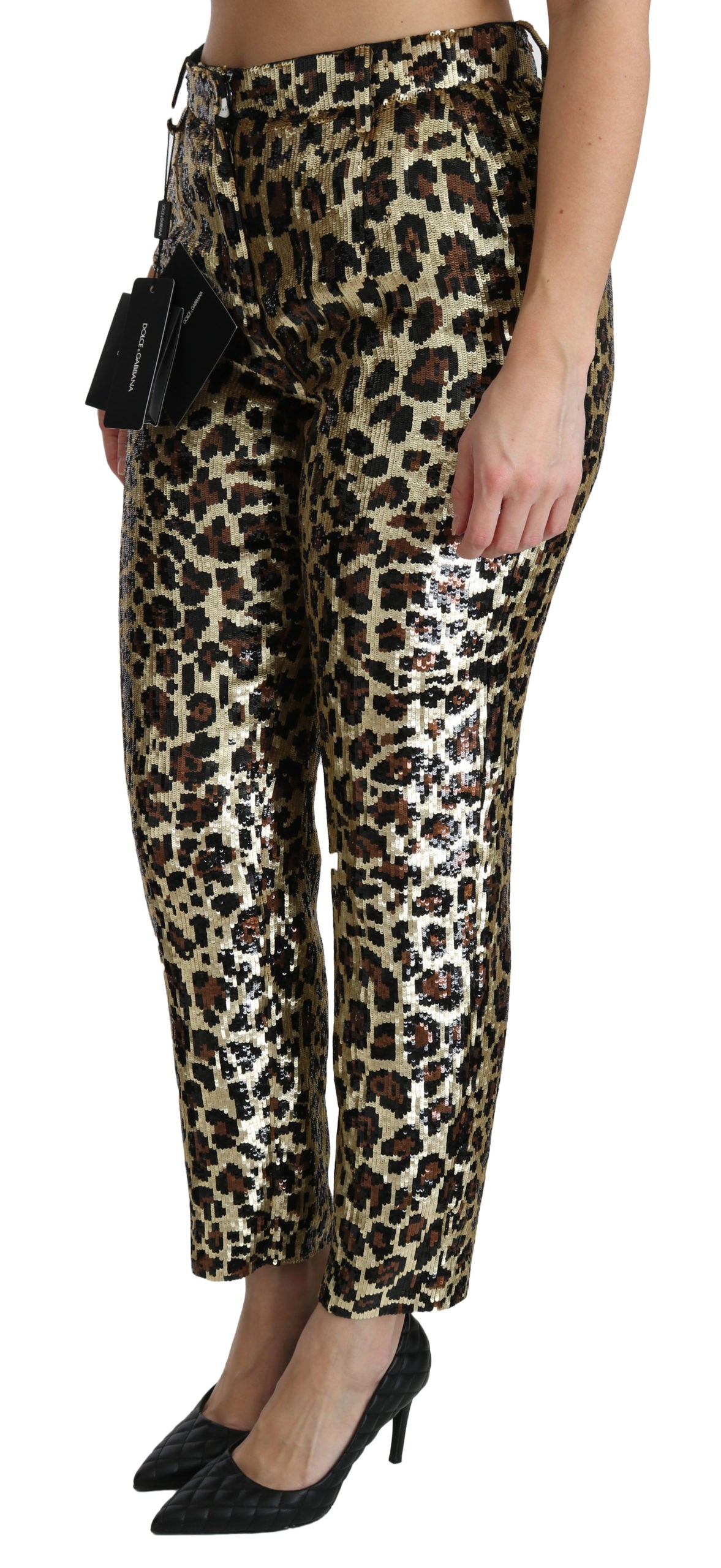 Braune Leoparden-Paillettenhose mit hoher Taille