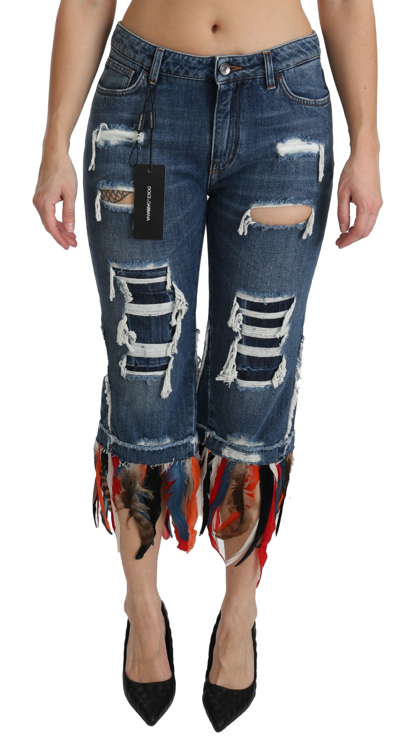 Blaue Federn Baumwoll-Cropped-Jeans mit niedriger Taille