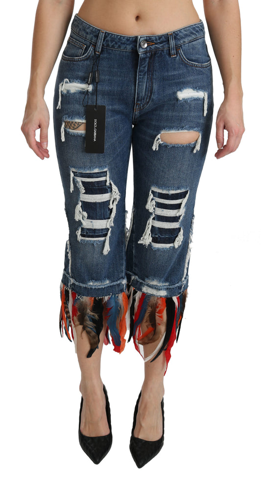 Blaue Federn Baumwoll-Cropped-Jeans mit niedriger Taille
