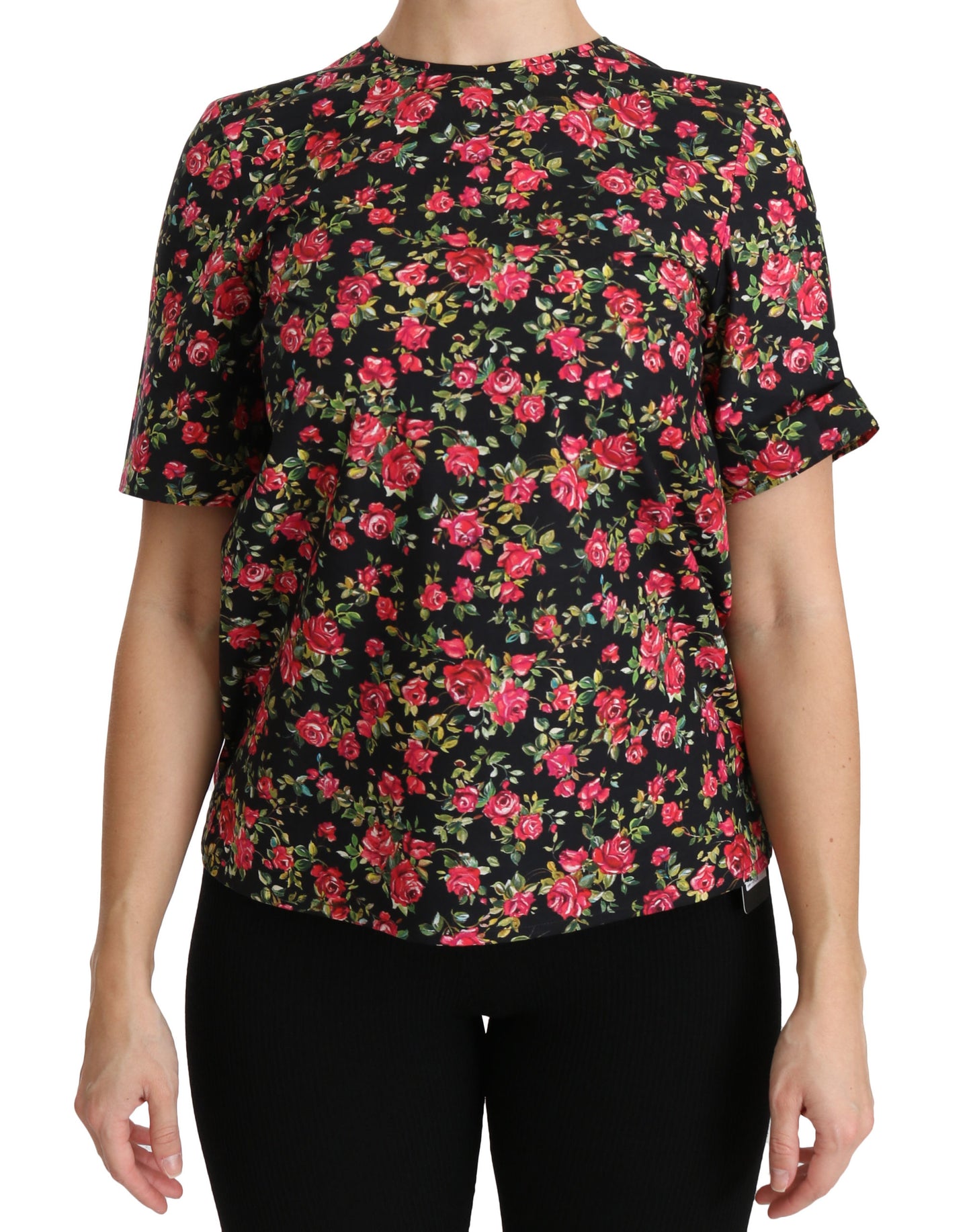 Schwarzes geblümtes Rosen-Top mit kurzen Ärmeln Bluse