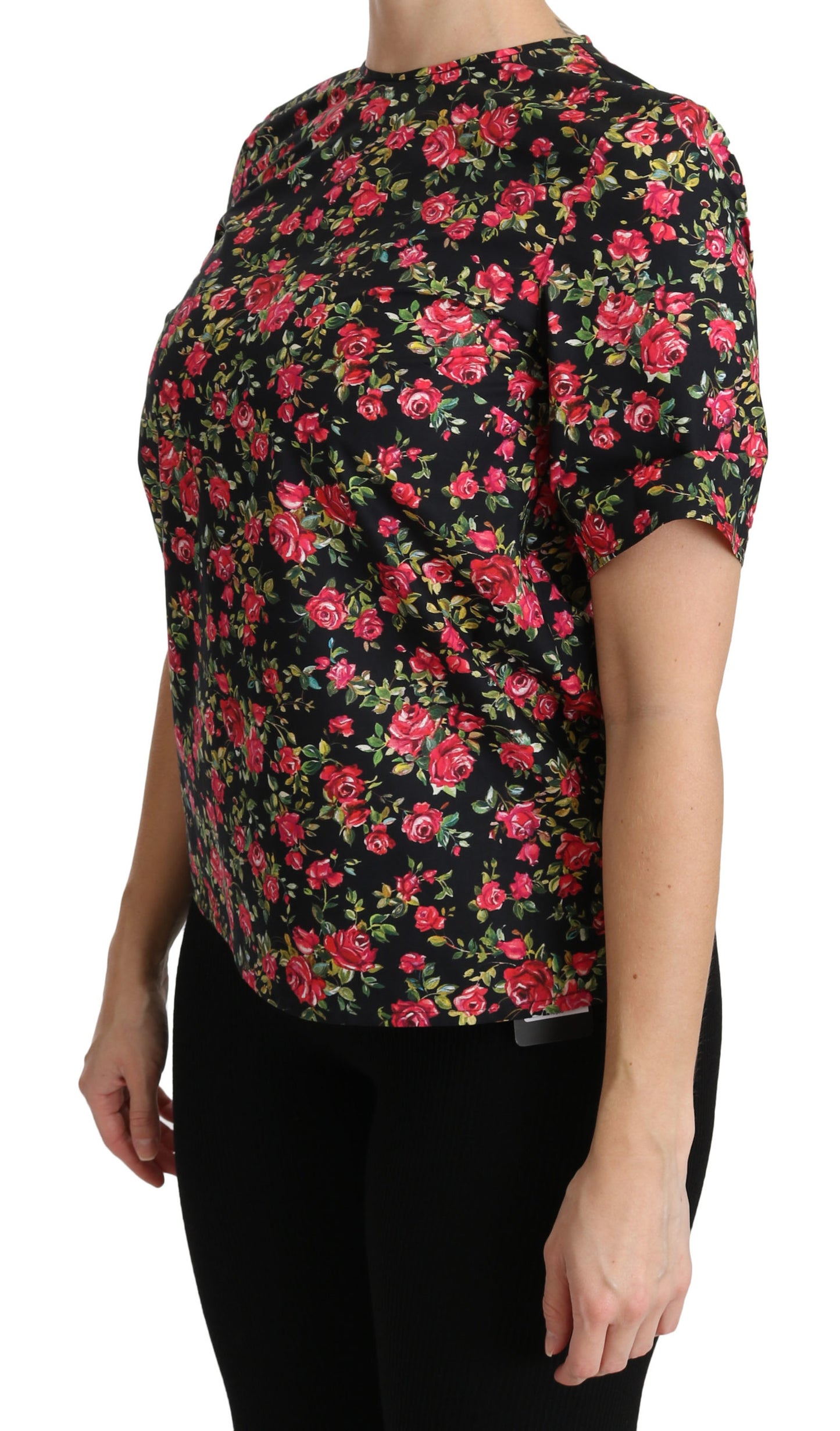 Schwarzes geblümtes Rosen-Top mit kurzen Ärmeln Bluse