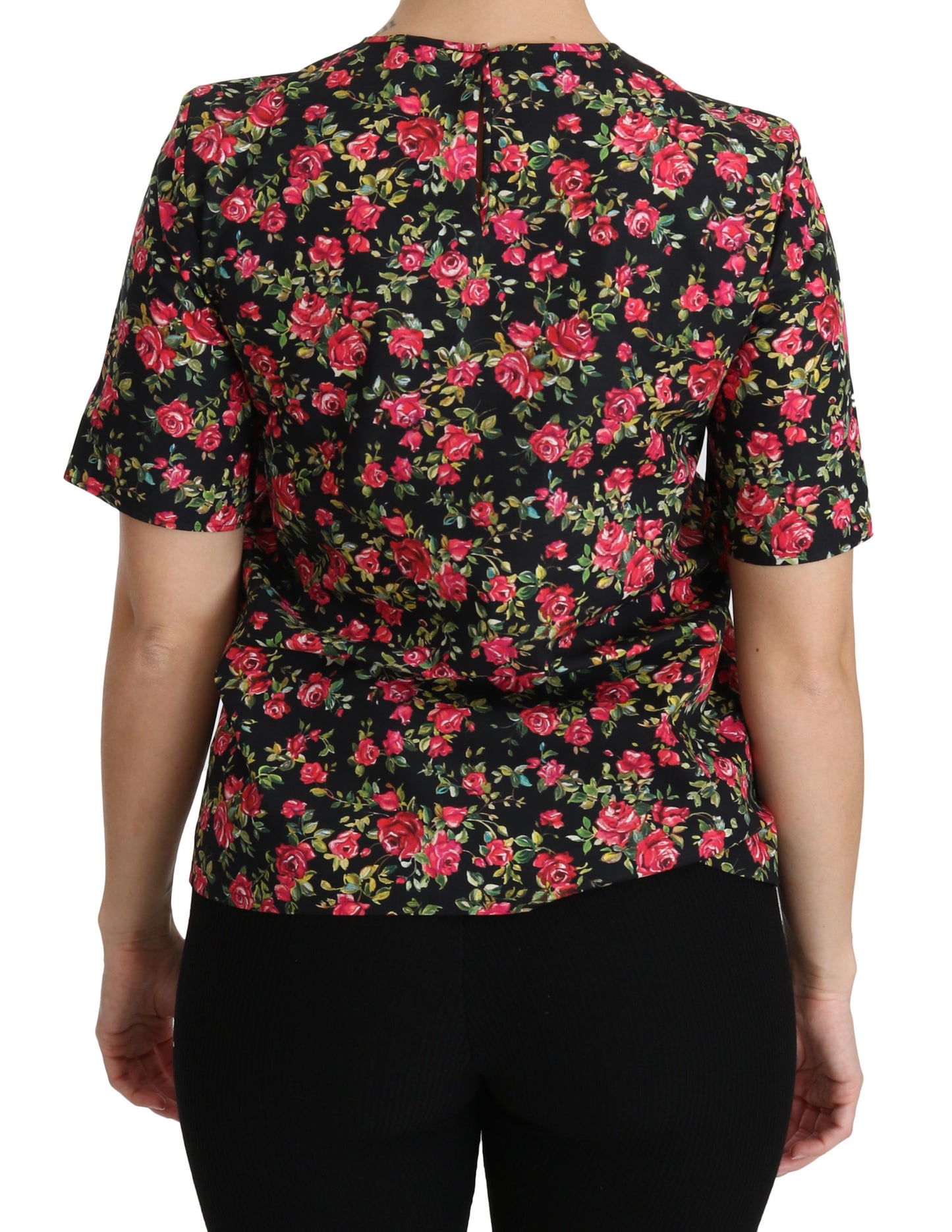 Schwarzes geblümtes Rosen-Top mit kurzen Ärmeln Bluse
