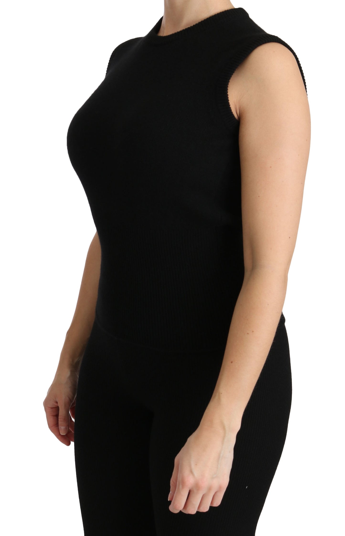 Schwarzes ärmelloses Top mit Rundhalsausschnitt Kaschmirbluse