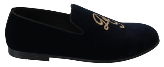 Blauer Samt Gold Logo Slipper Loafers Schuhe