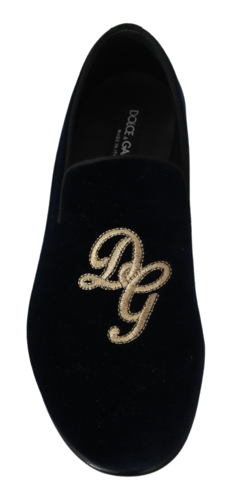 Blauer Samt Gold Logo Slipper Loafers Schuhe