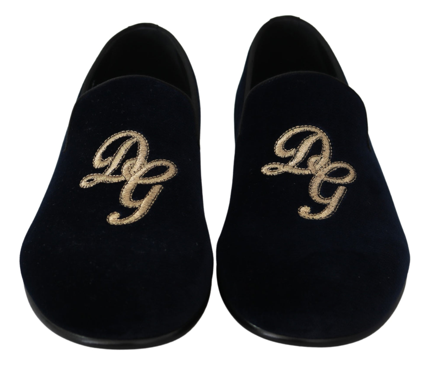 Blauer Samt Gold Logo Slipper Loafers Schuhe