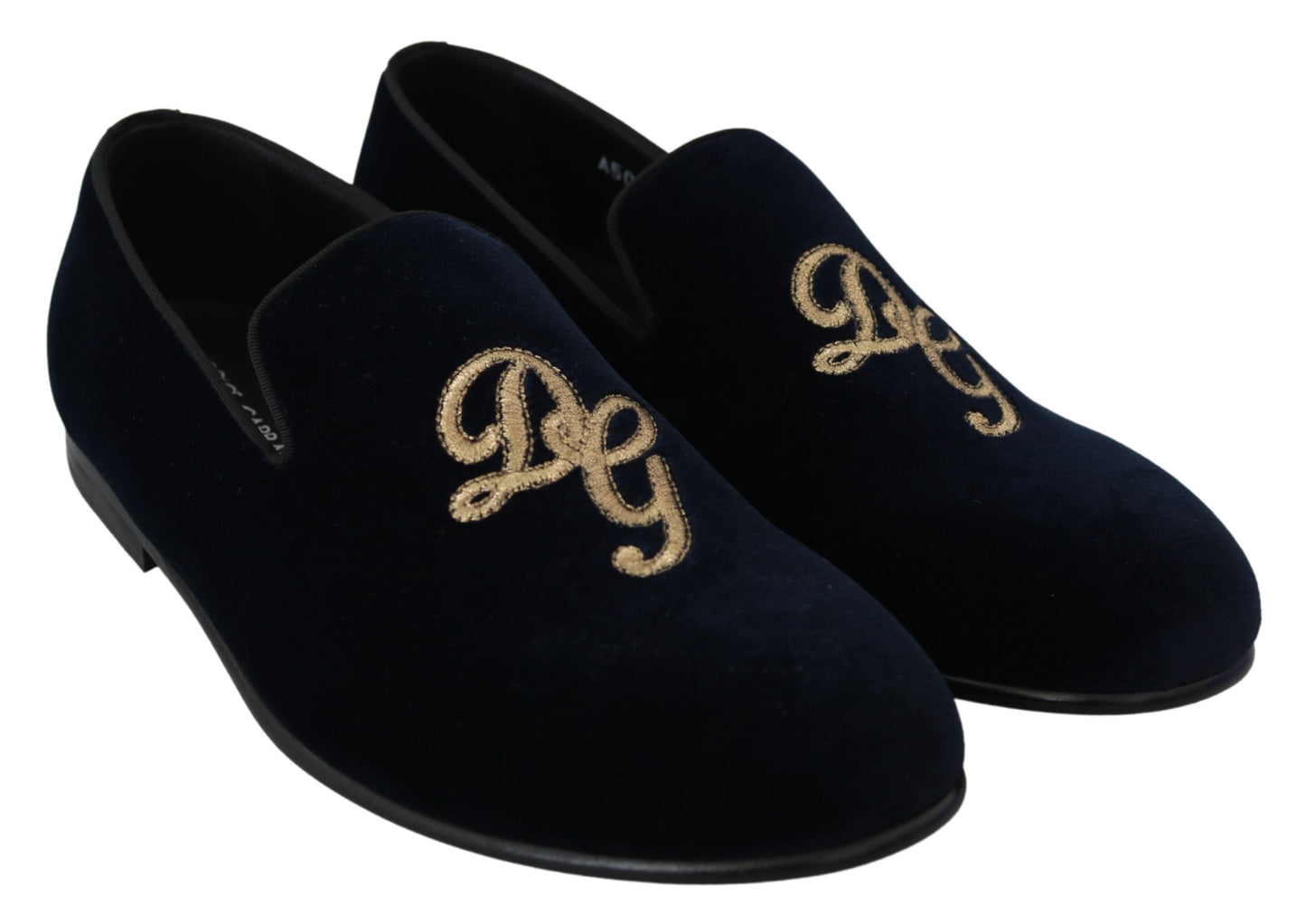 Blauer Samt Gold Logo Slipper Loafers Schuhe