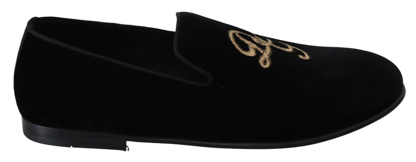 Schwarzer Samt Gold Slipper Loafers Schuhe