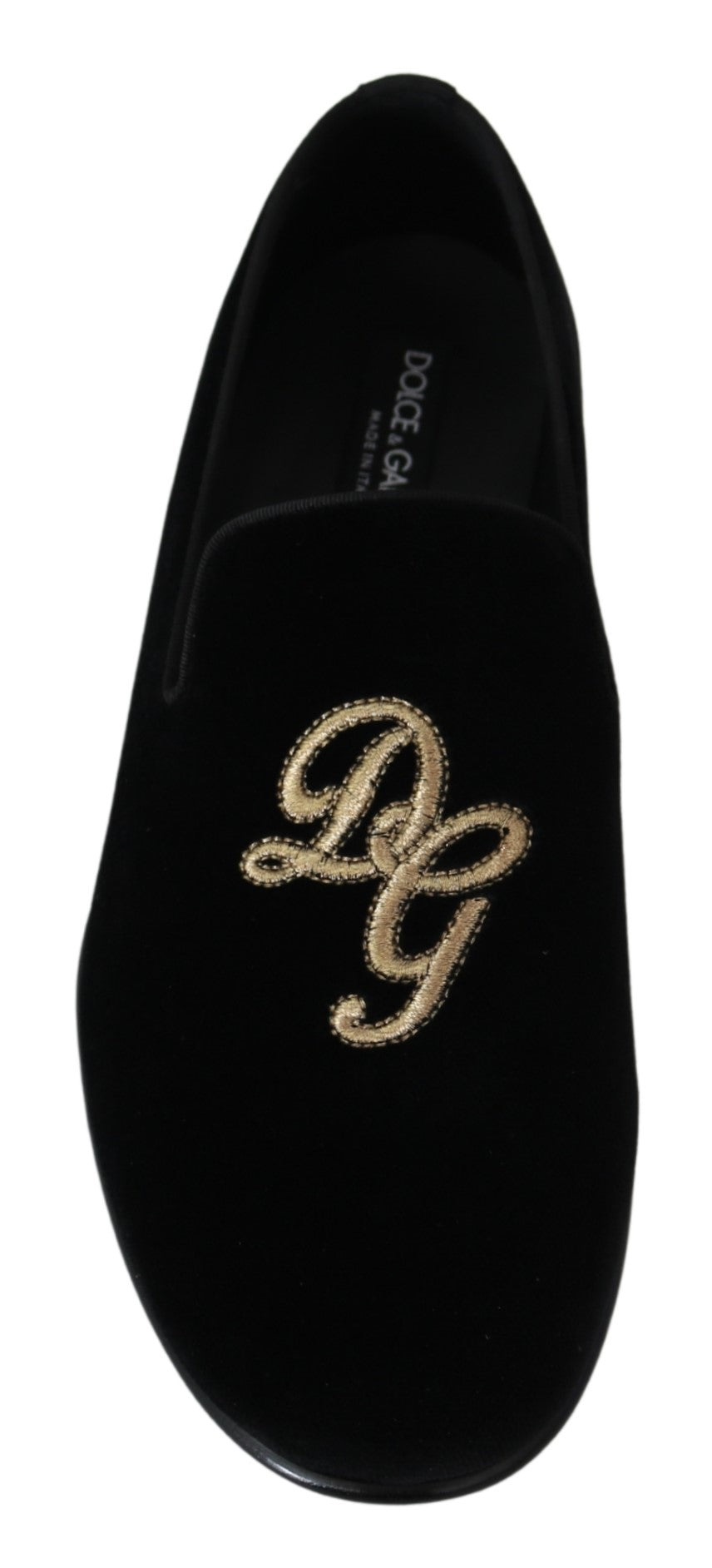 Schwarzer Samt Gold Slipper Loafers Schuhe