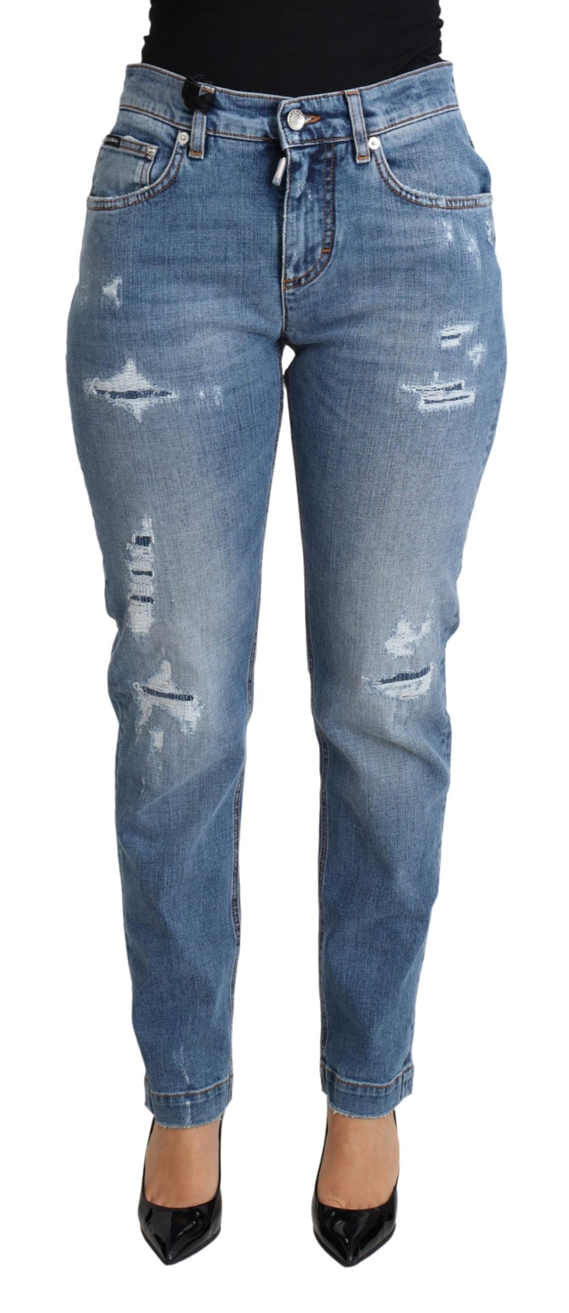 Blaue zerfledderte Skinny Denim-Jeans aus Baumwollmischung