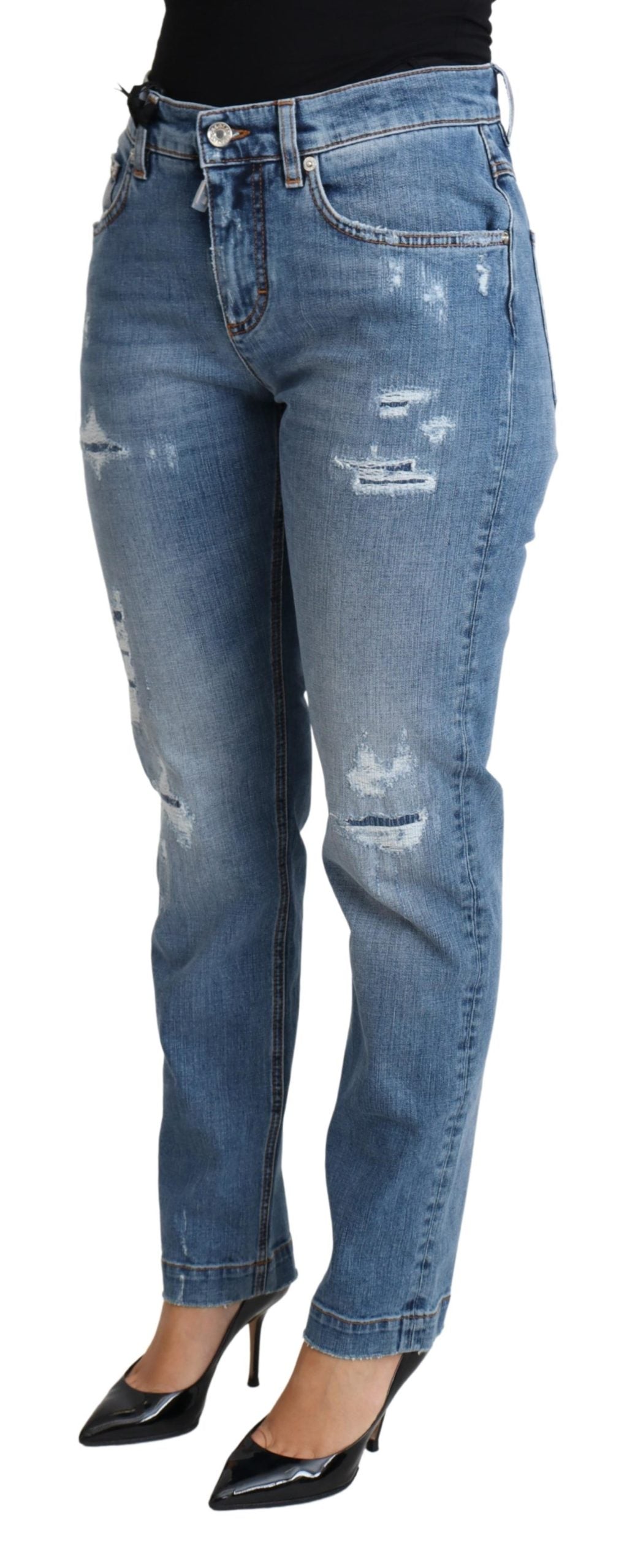 Blaue zerfledderte Skinny Denim-Jeans aus Baumwollmischung