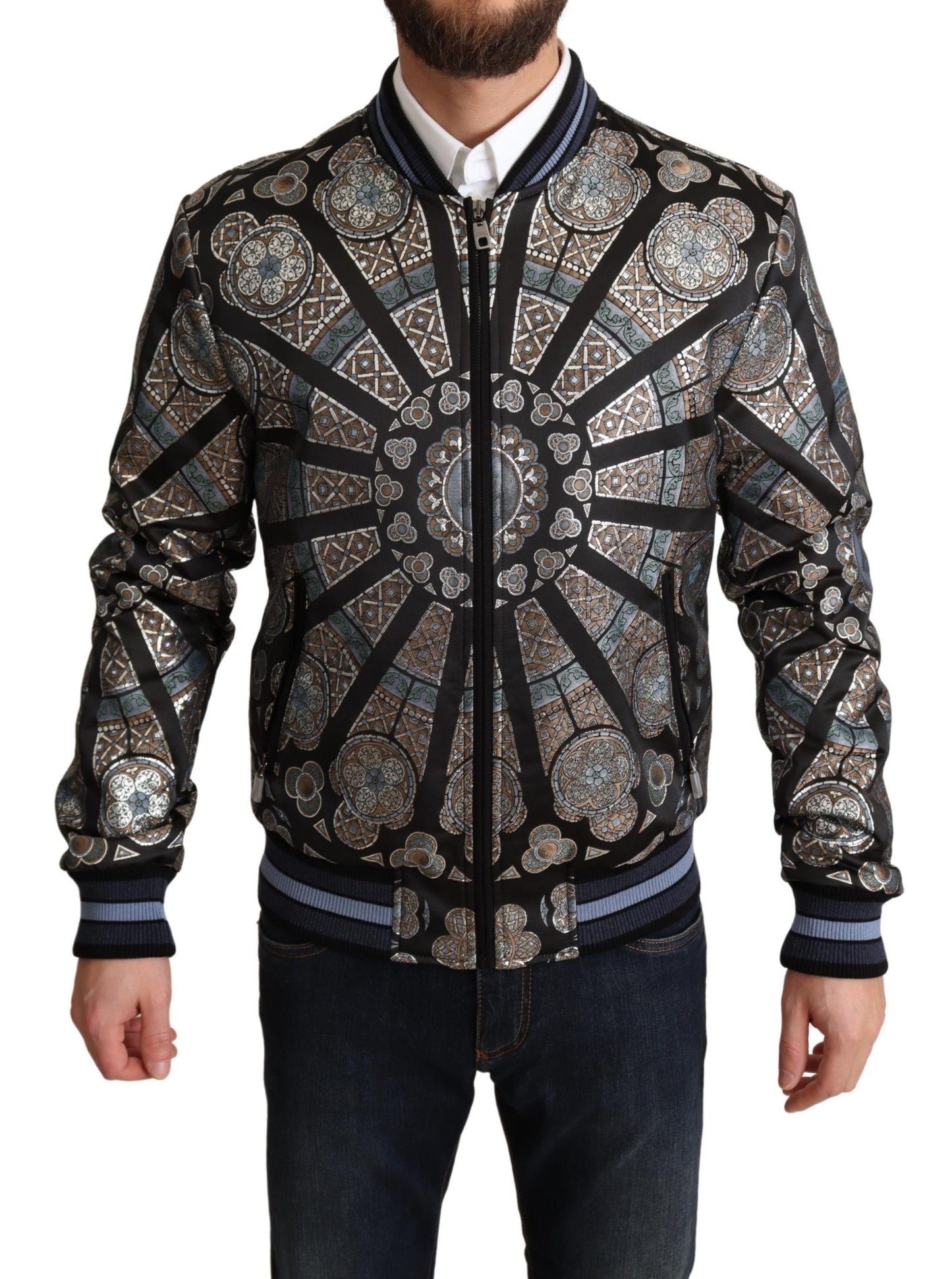 Blauer Jacquard Motiv Bombermantel Herrenjacke