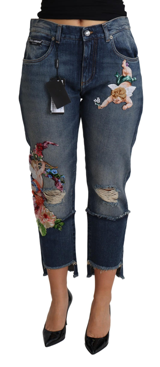 Blaue Baumwoll-Cropped-Jeans mit Blumenstickerei