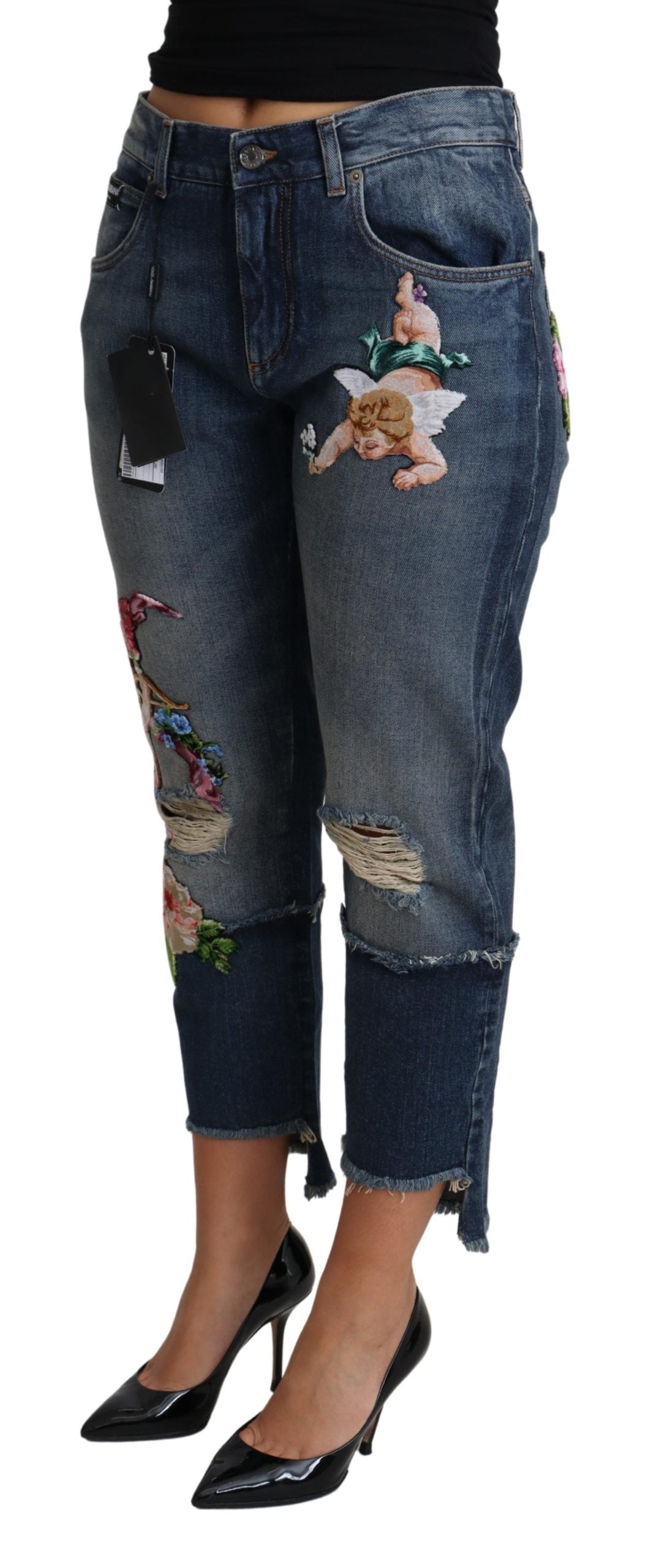 Blaue Baumwoll-Cropped-Jeans mit Blumenstickerei
