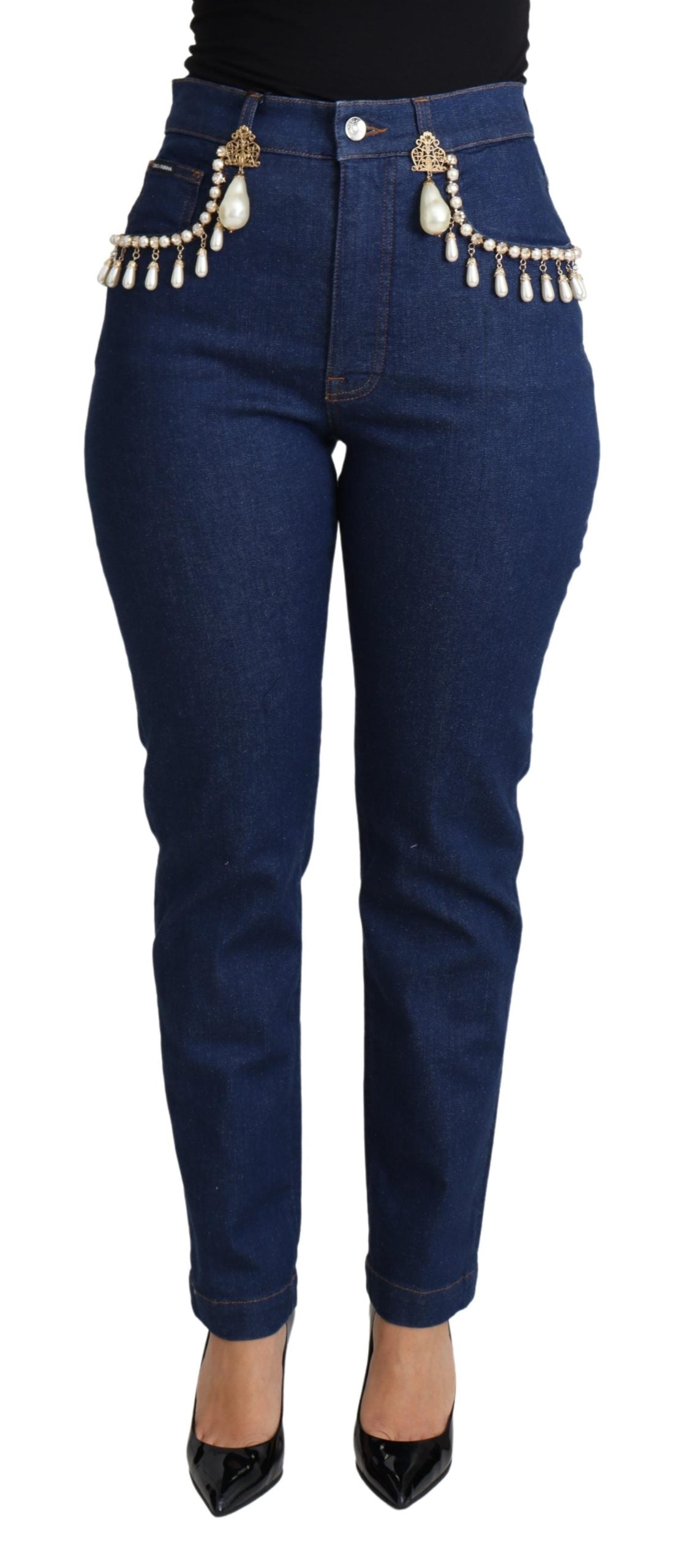 Blaue Baumwoll-Stretch-Skinny-Jeans mit Verzierungen