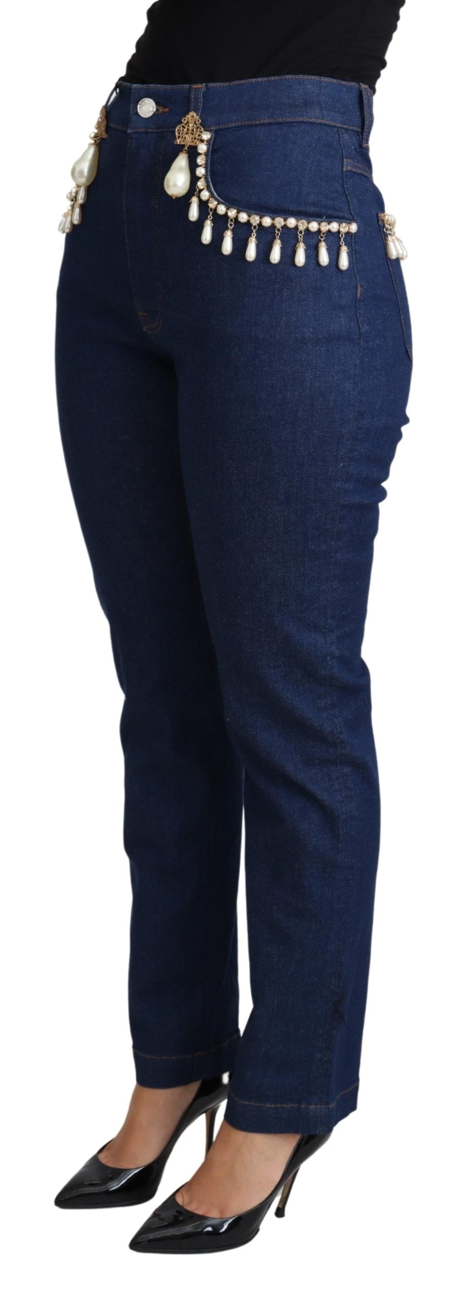 Blaue Baumwoll-Stretch-Skinny-Jeans mit Verzierungen