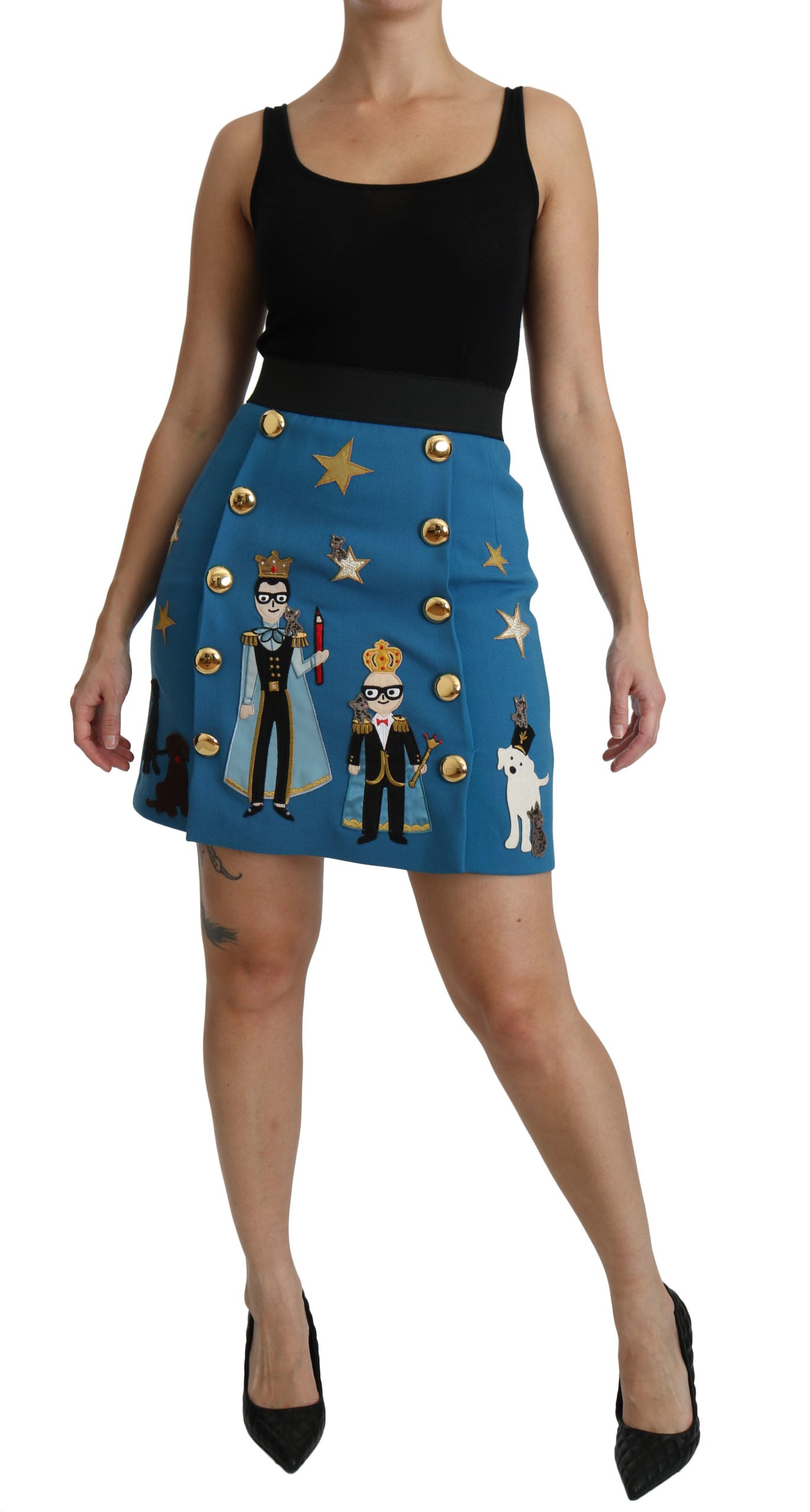 Blauer verschönerter Mini-Wollrock mit hoher Taille