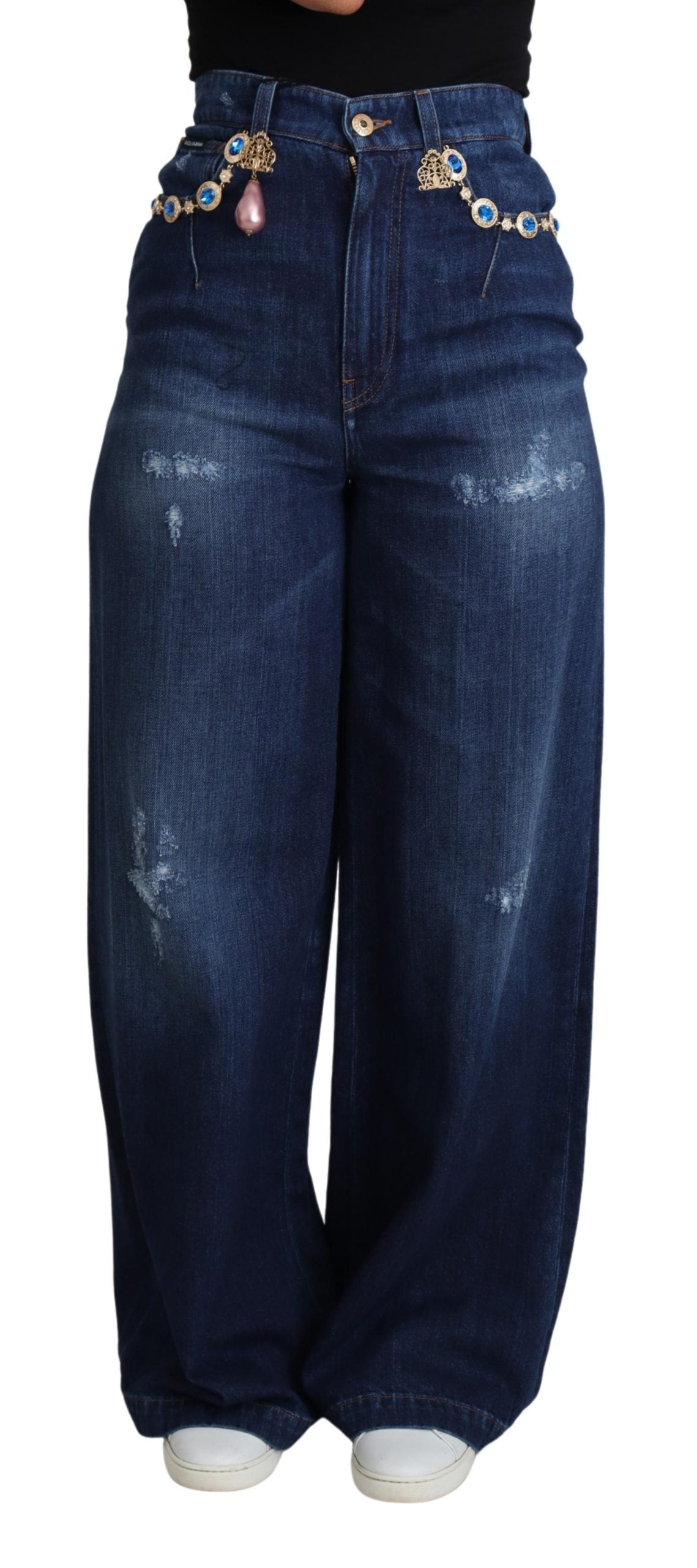 Blaue verschönerte Hose mit weitem Bein Baumwolljeans
