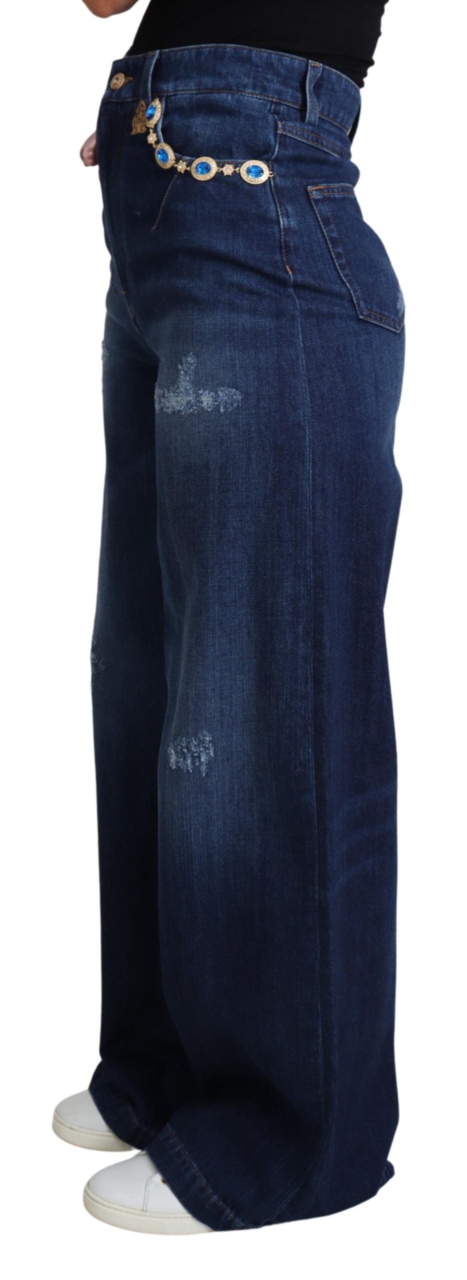 Blaue verschönerte Hose mit weitem Bein Baumwolljeans