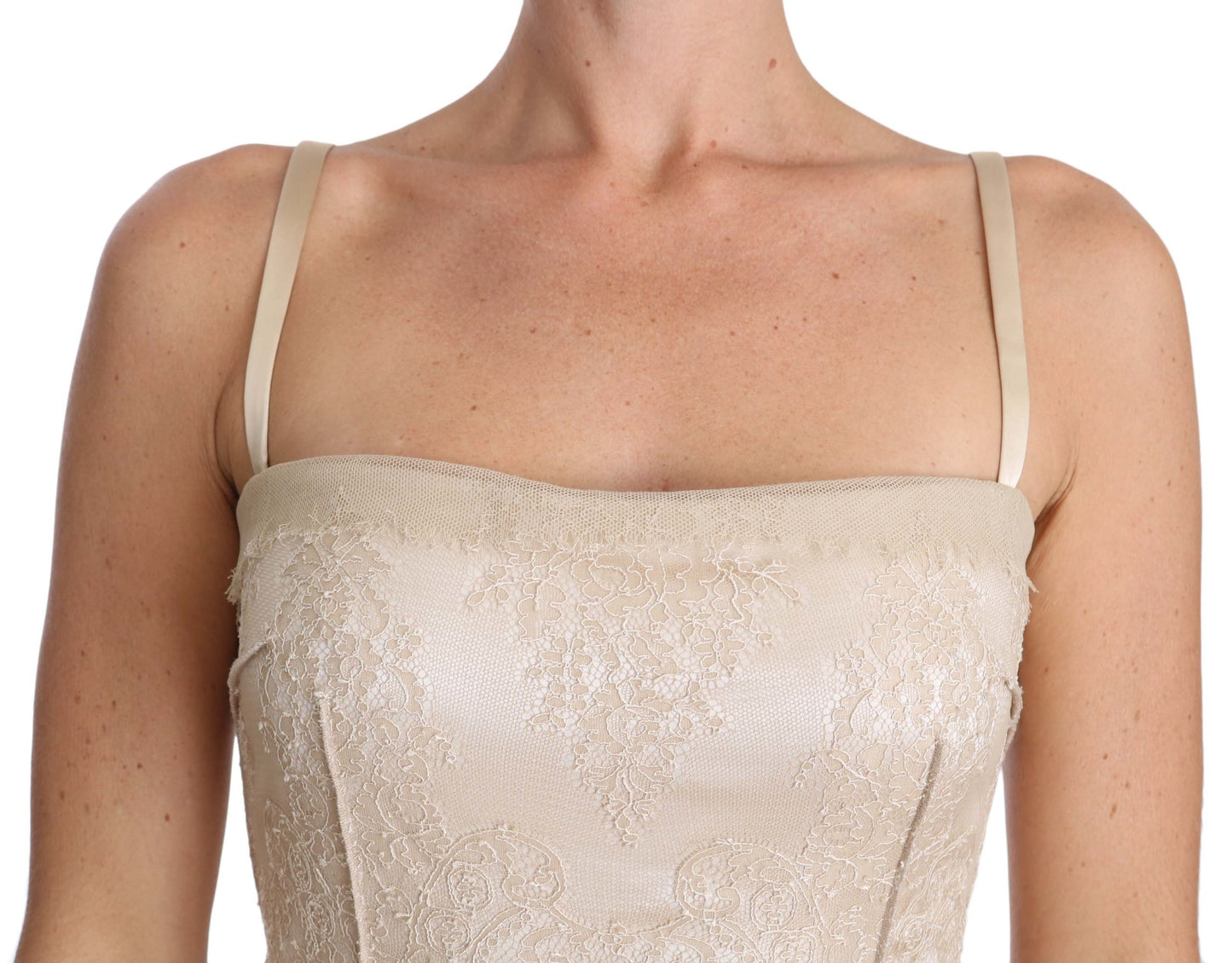 Beigefarbenes Spaghettiträger-Etuikleid aus Spitze
