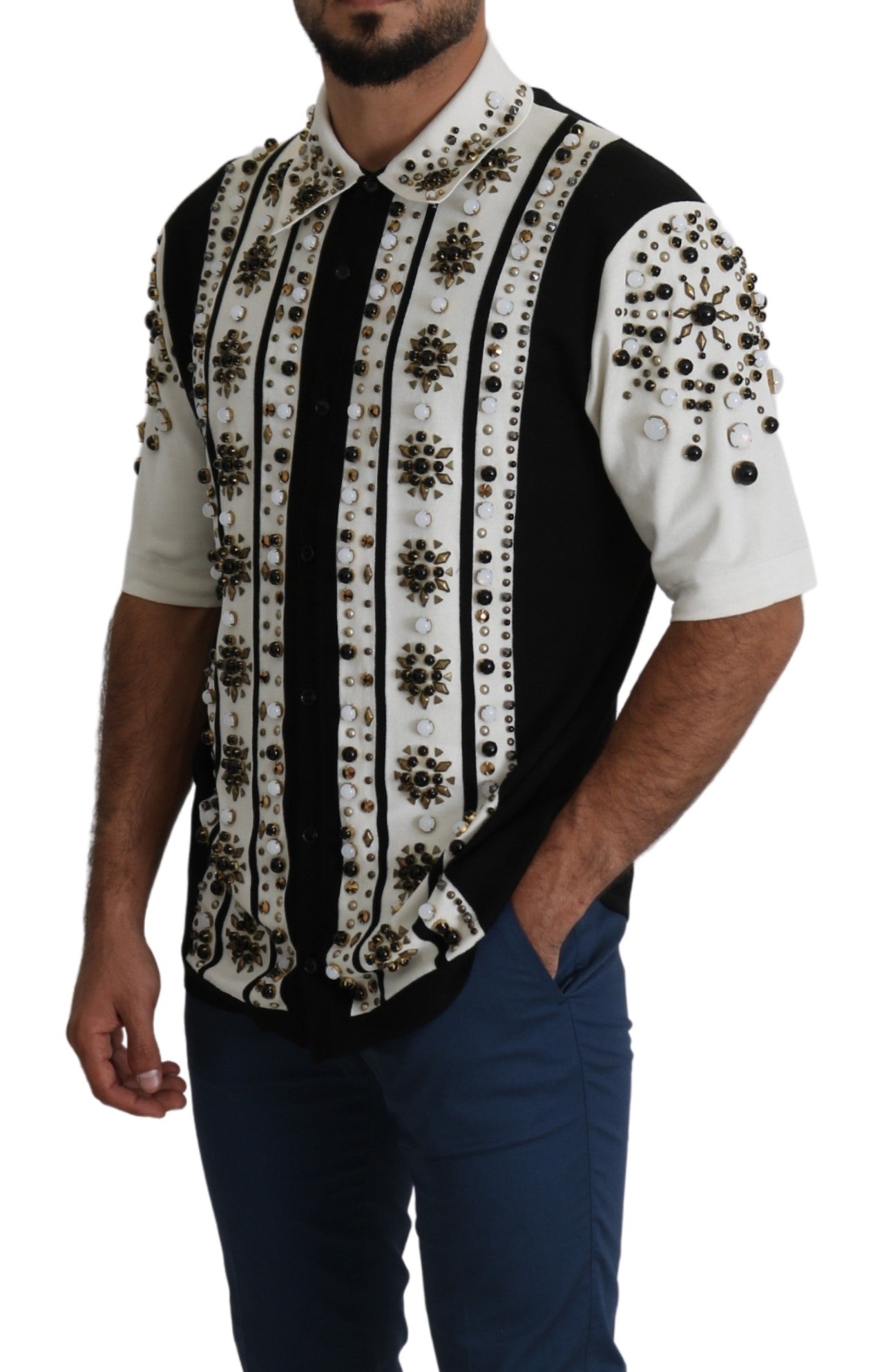 Schwarzes weißes T-Shirt aus juwelenbesetztem Jersey verschönert