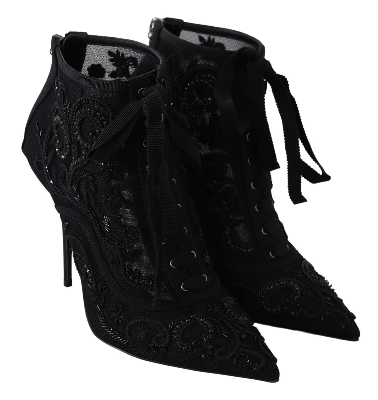 Schwarzer Tüll Ricamo High Heel Kristall Stiefel