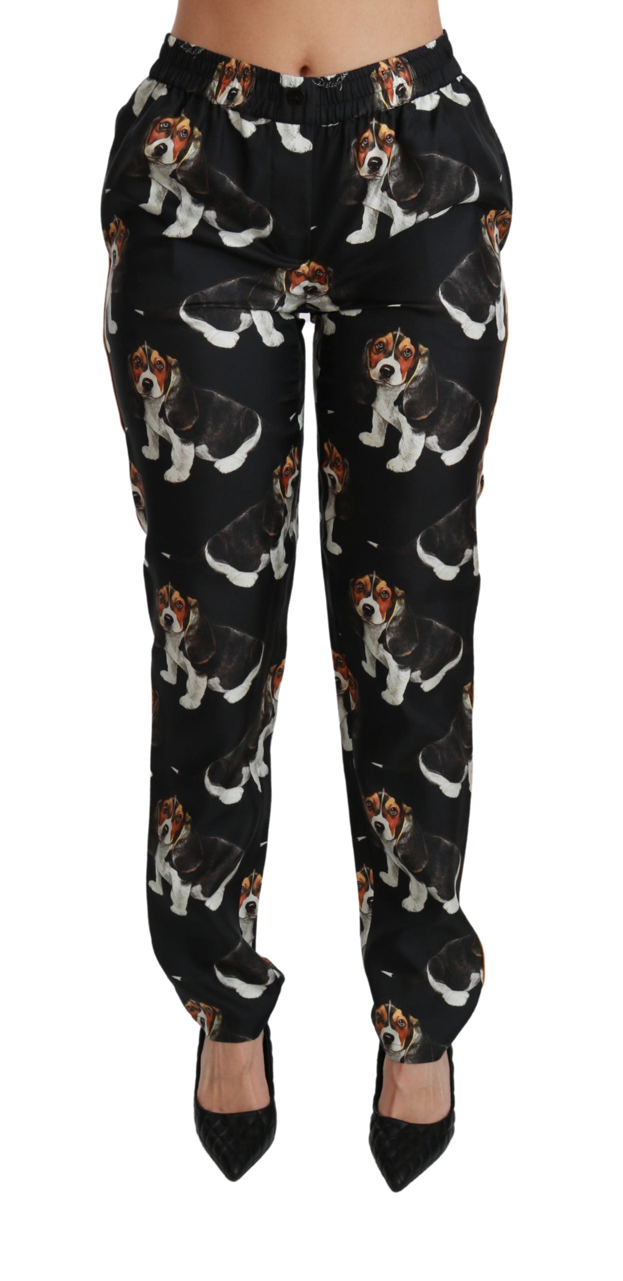 Schwarzer Welpenhund Mittlere Taille Skinny Seidenhosen