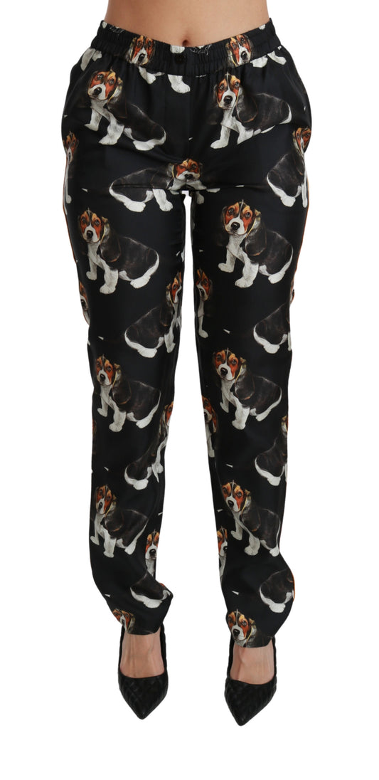 Schwarzer Welpenhund Mittlere Taille Skinny Seidenhosen