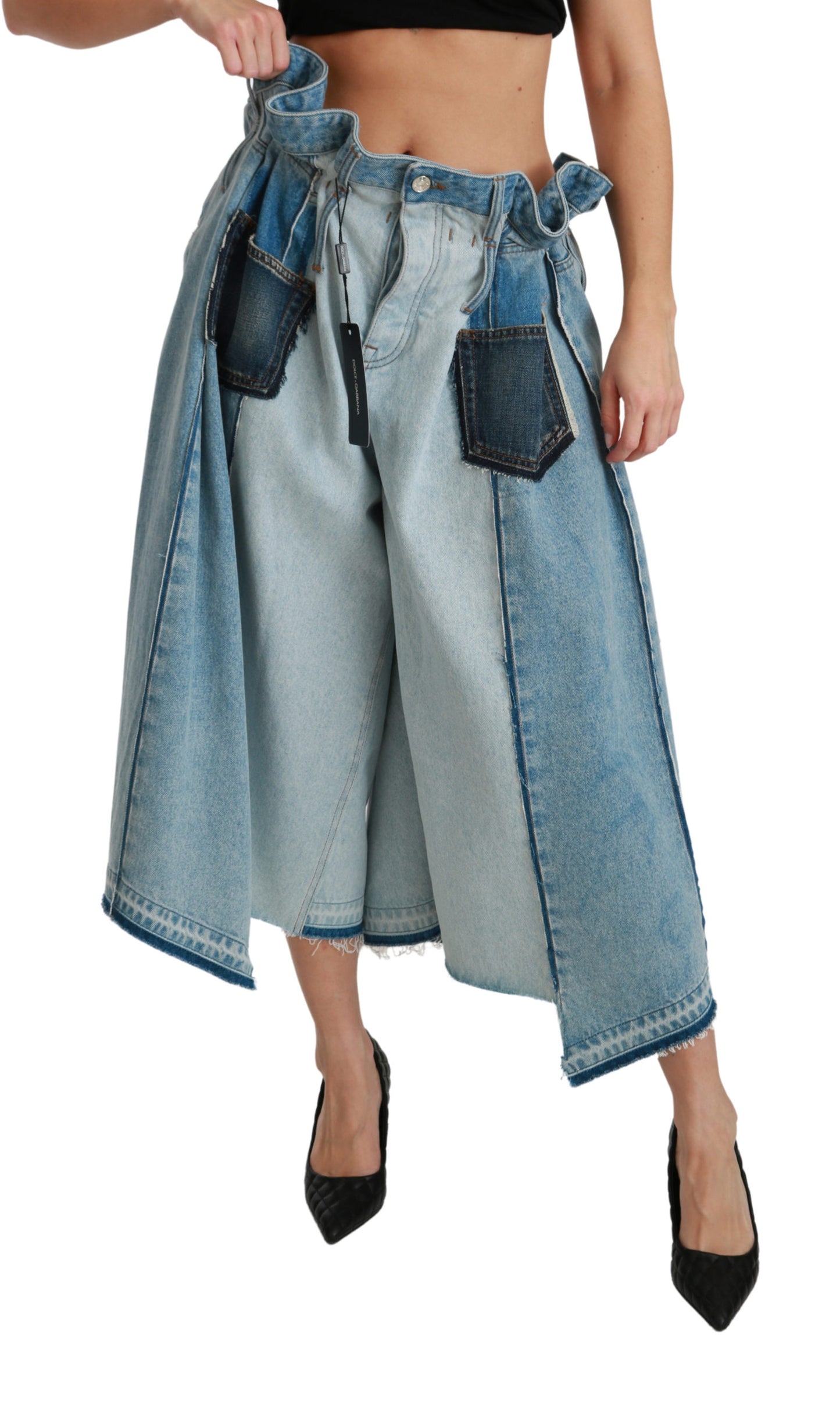 Blaue asymmetrische Jeans mit weitem Bein aus Denim-Baumwolle